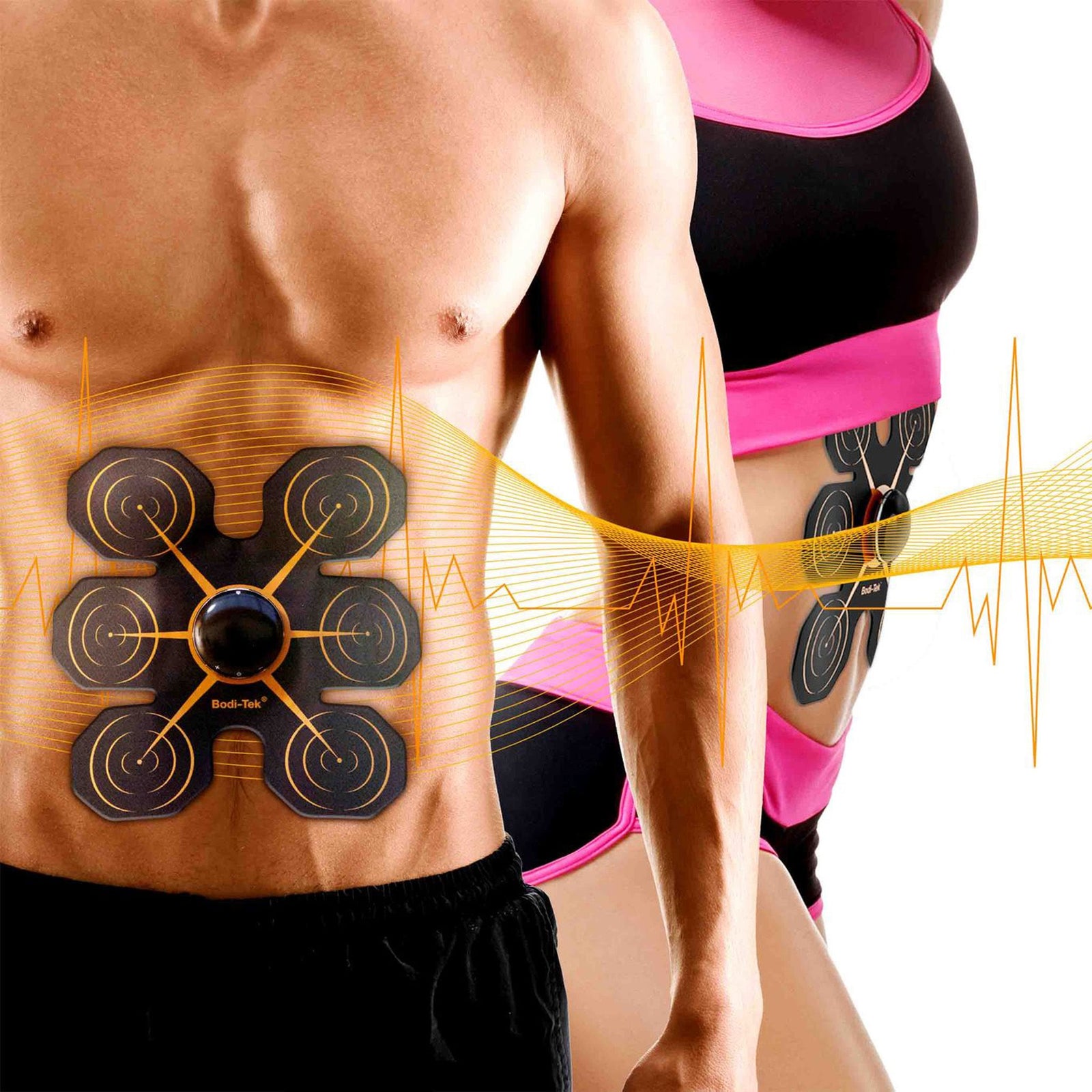 Two athletes in black and pink workout gear use Ab Core Trainer devices on their abs. Yellow heartbeat-like graphics overlay the image, highlighting the muscle activation technology.