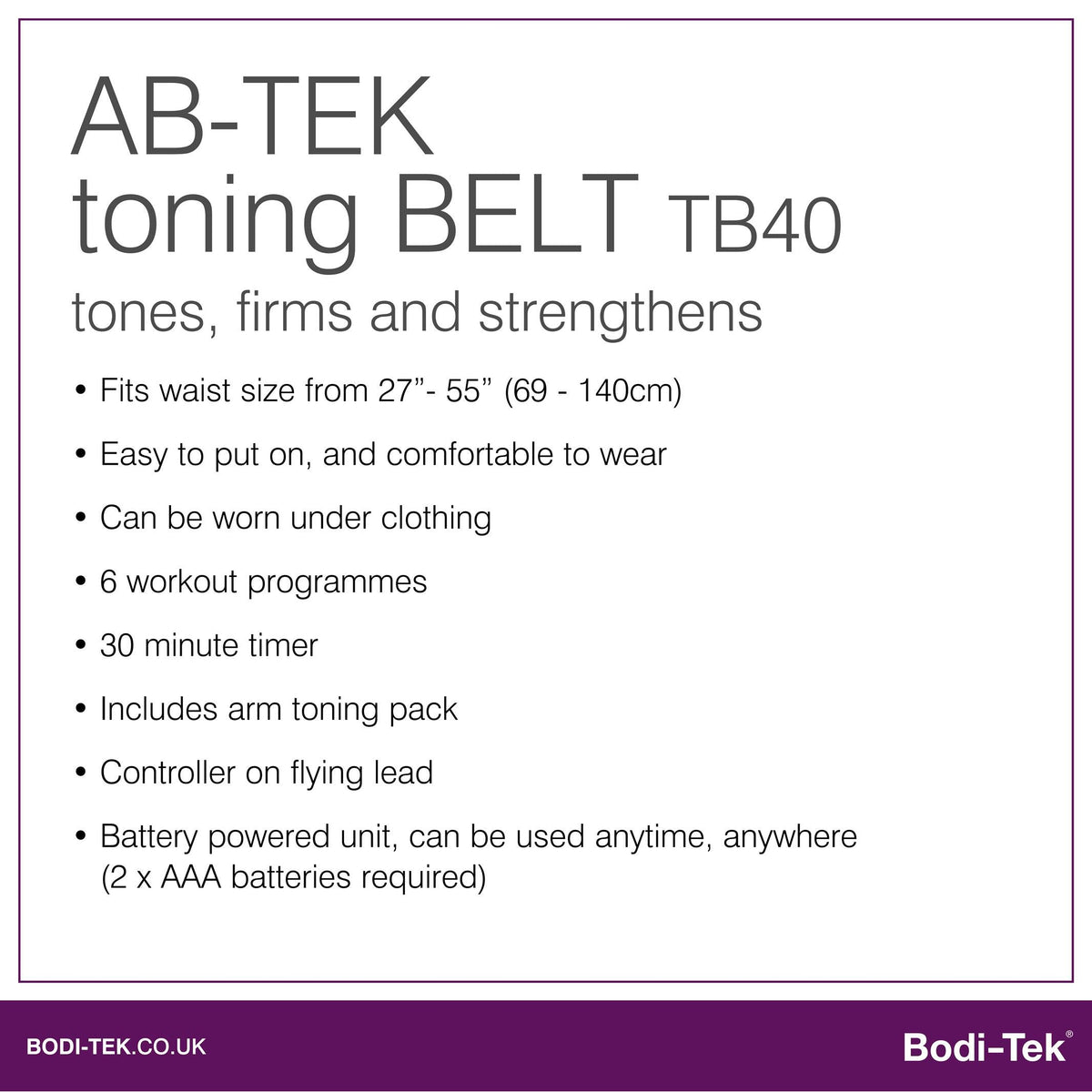Product information sheet for the Ab & Arm Unisex Toning Belt, offering adjustable fit, comfort, six workout modes, 30-minute timer, portable battery pack, arm belt included, and easy controls. Designed for both men and women.