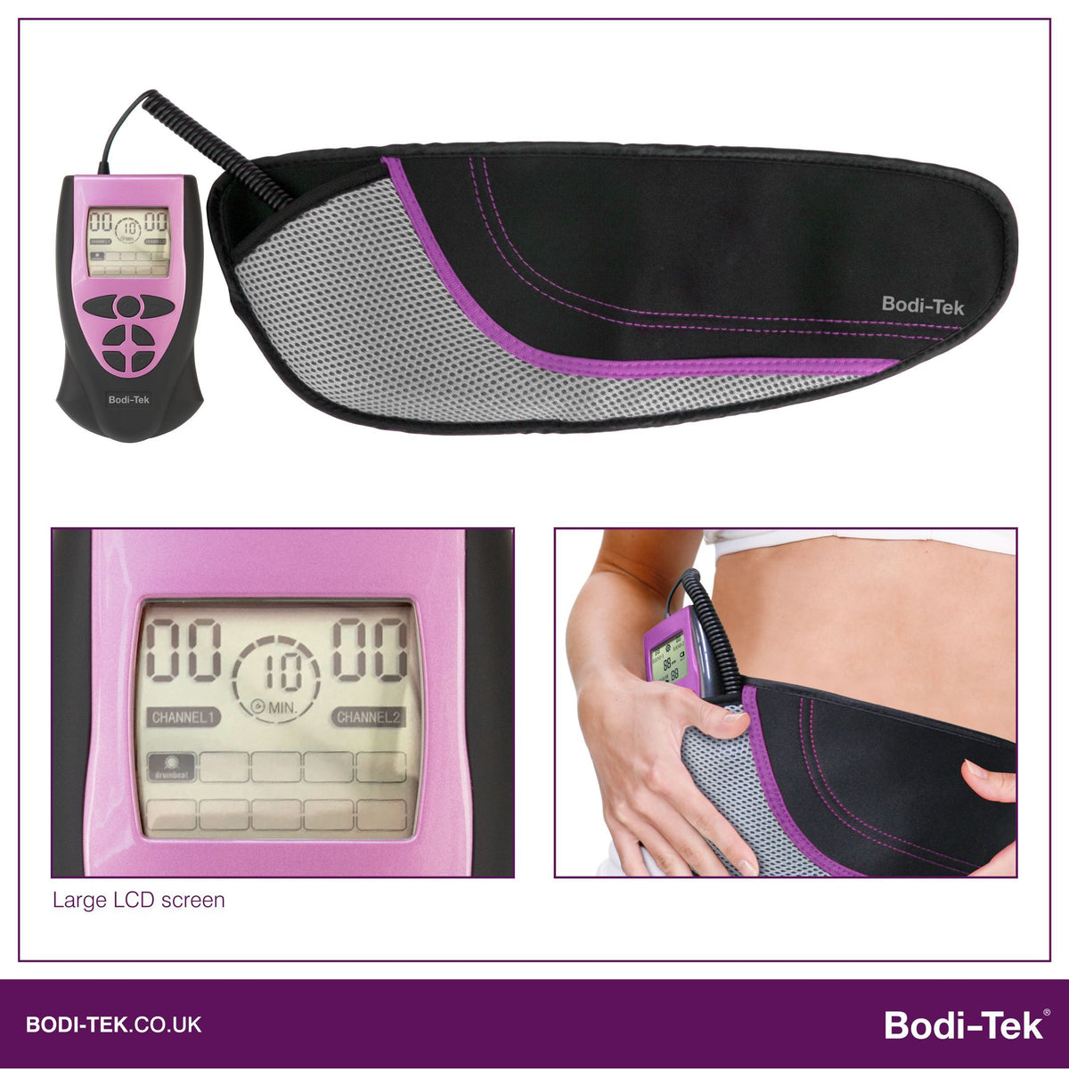 The Ab Toning, Exercising & Firming Belt features a pink and black control unit, a matching wrap belt, an LCD screen using EMS technology, and is shown worn around the waist. The brand name appears in the corner.