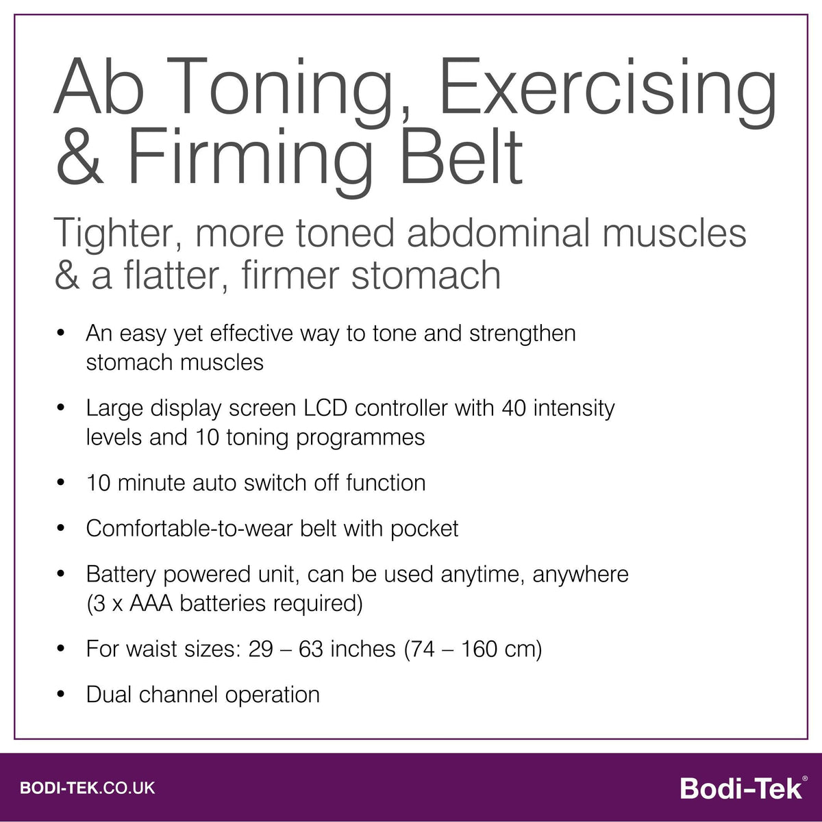 Promotional graphic for the Ab Toning, Exercising & Firming Belt with EMS technology, LCD control, 40 levels of intensity, 10-min auto shutoff, portable design, adjustable waist size and dual channel mode.