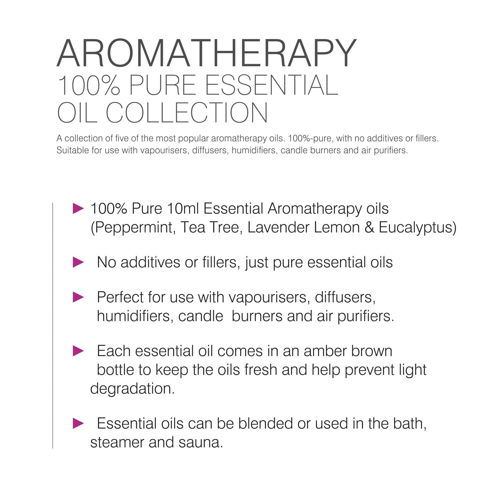 A promotional image for the Rio Aromatherapy 100% Essential Oil Collection, featuring pure essential oils with no additives, ideal for diffusers, bath, and sauna use, all protected in amber bottles for optimal freshness.