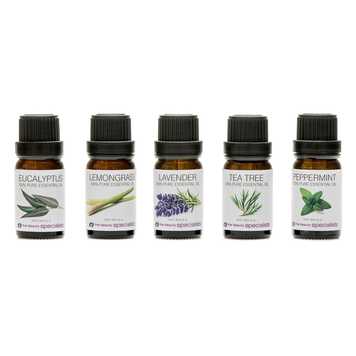 Five small amber bottles from the Rio Aromatherapy 100% Essential Oil Collection are lined up, labeled Eucalyptus, Lemongrass, Lavender, Tea Tree, and Peppermint, each featuring plant illustrations and black caps.