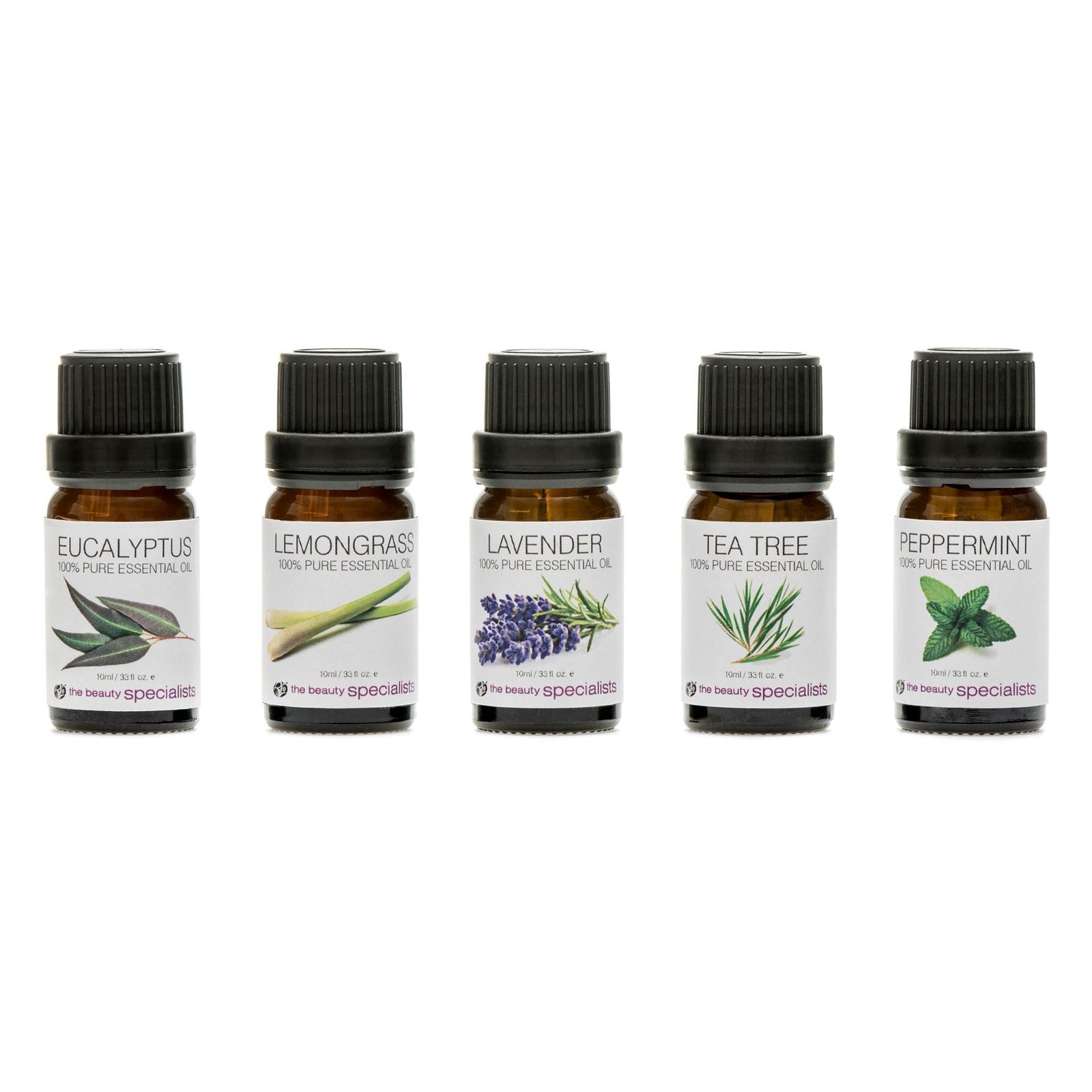 Five small amber bottles from the Rio Aromatherapy 100% Essential Oil Collection are lined up, labeled Eucalyptus, Lemongrass, Lavender, Tea Tree, and Peppermint, each featuring plant illustrations and black caps.