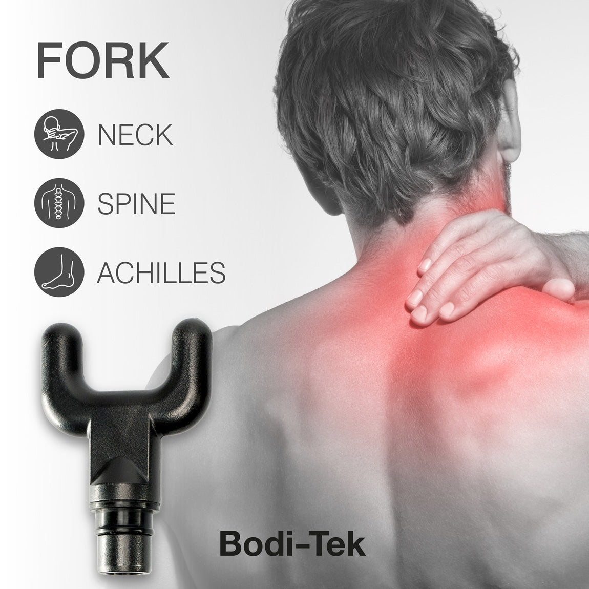 A man holds his neck and shoulder, highlighted in red for pain. Text lists Fork for neck, spine, and Achilles massage. The Fork attachment for Deep Tissue Sports Massager is shown with the Bodi-Tek brand name.
