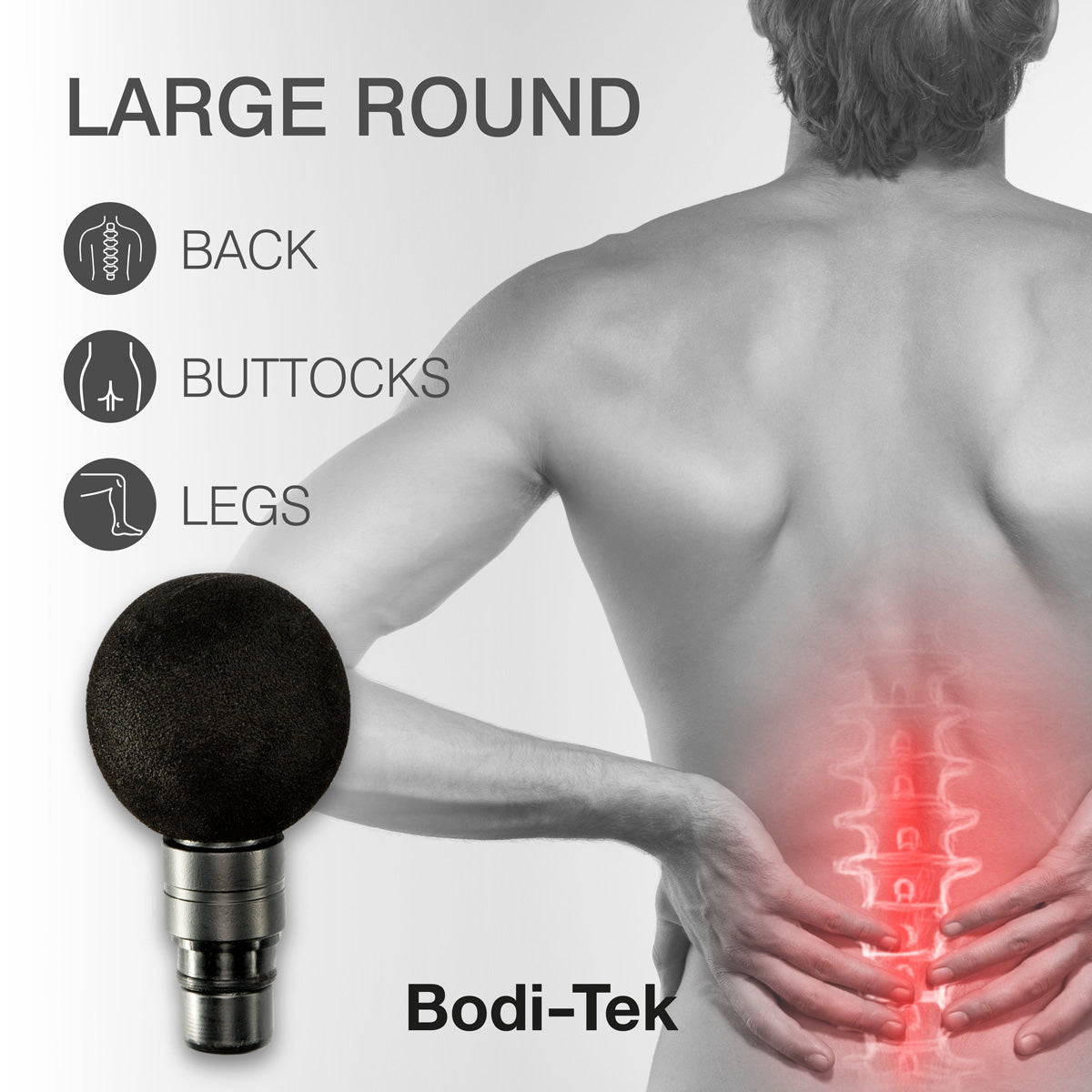 A person holds their lower back in pain with a red highlight on the spine. Text: LARGE ROUND – BACK, BUTTOCKS, LEGS. Image features the Large Round attachment for Deep Tissue Sports Massager and the brand name.