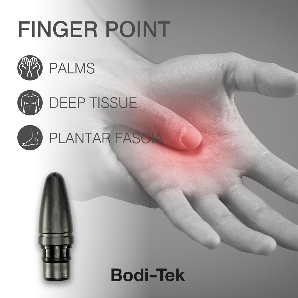A hand with a red-highlighted palm shows finger point areas: palms, deep tissue, and plantar fascia. Below is the Finger Point attachment for Deep Tissue Sports Massager by Bodi-Tek (model BT-MAMG).