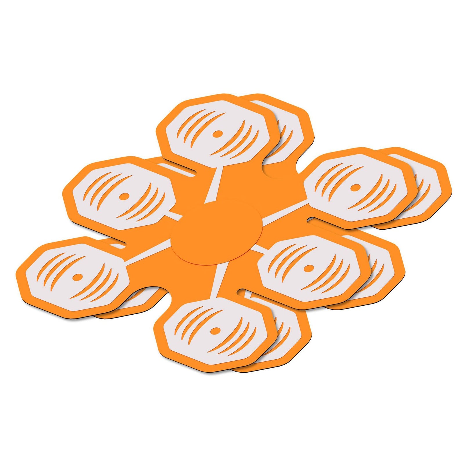 The Ab Core Trainer 6 in 1 Conductive Gel Pad - Pack of 2 Gel Pads features an abstract orange and white design with six rounded, petal-like shapes and circular line patterns, resembling conductive gel pads for core training devices.