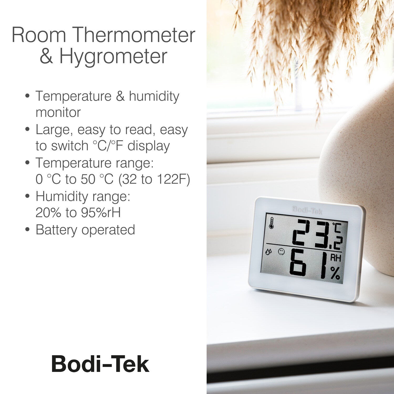 A Digital Room Thermometer and Hygrometer sits on a white windowsill, showing 23.2°C and 61% humidity on its clear, easy-to-read display, with key product highlights listed on the left side.