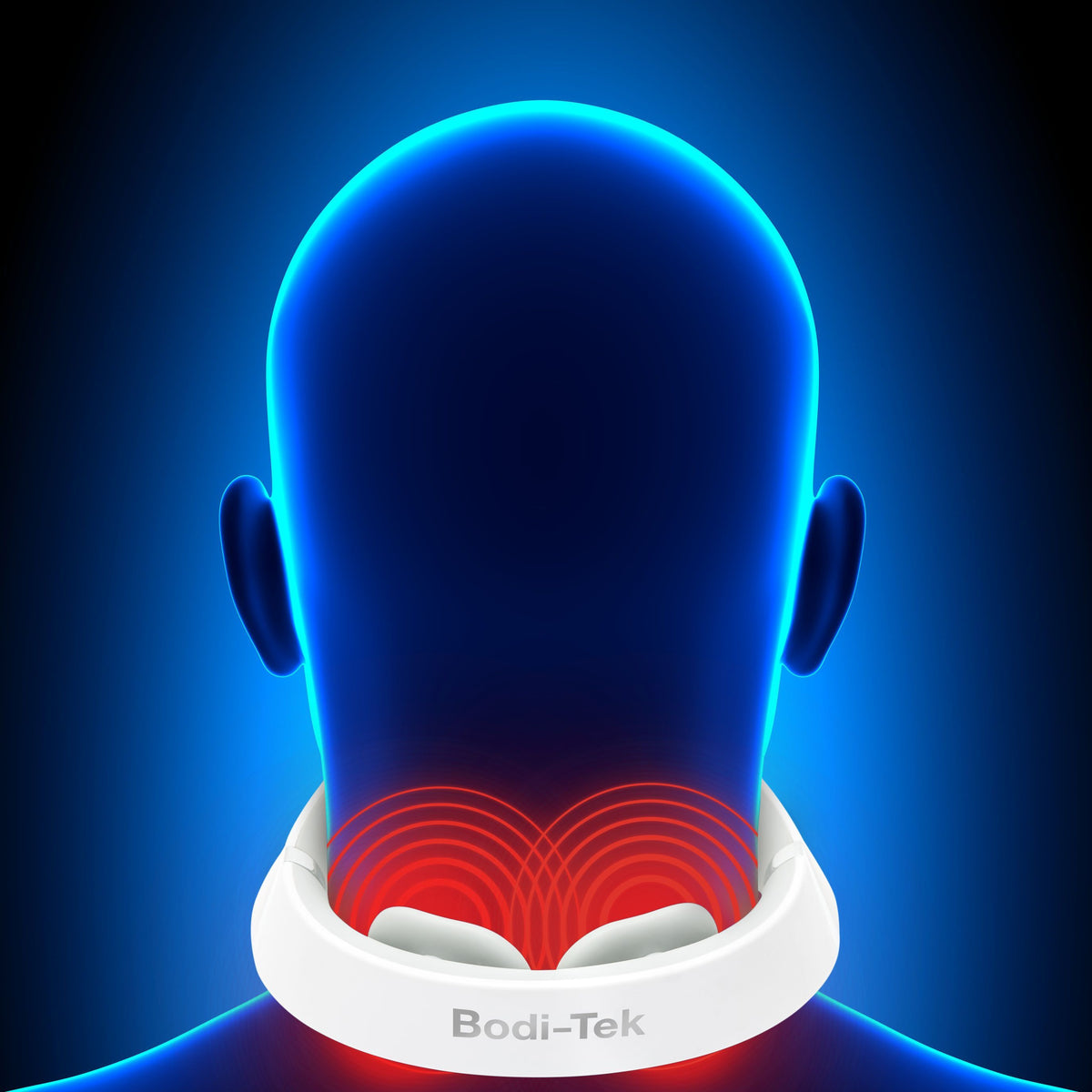 Digital illustration of a person’s head and neck, viewed from behind, wearing a white Neck & Shoulder Massager emitting red waves to indicate soothing heat or massage therapy on the neck.