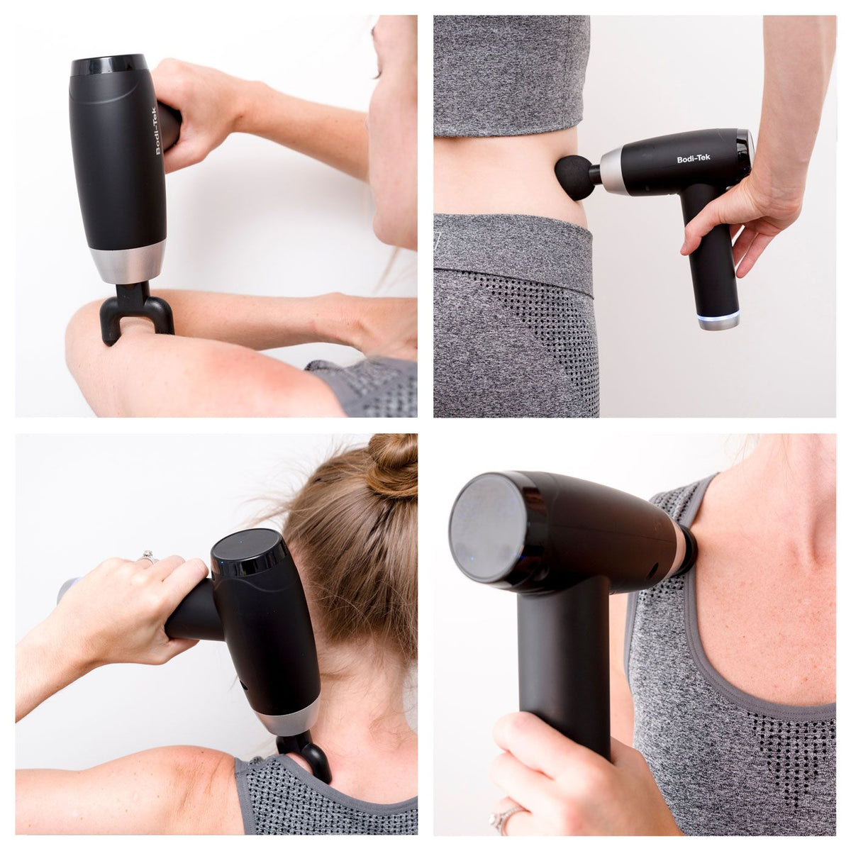 A collage of four images shows a person using the Deep Tissue Sports Massage Gun, black in color, on their upper arm, lower back, neck, and shoulder while dressed in gray athletic wear for effective muscle recovery.