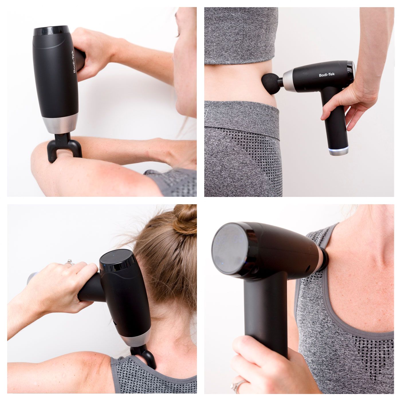 A collage of four images shows a person using the Deep Tissue Sports Massage Gun, black in color, on their upper arm, lower back, neck, and shoulder while dressed in gray athletic wear for effective muscle recovery.