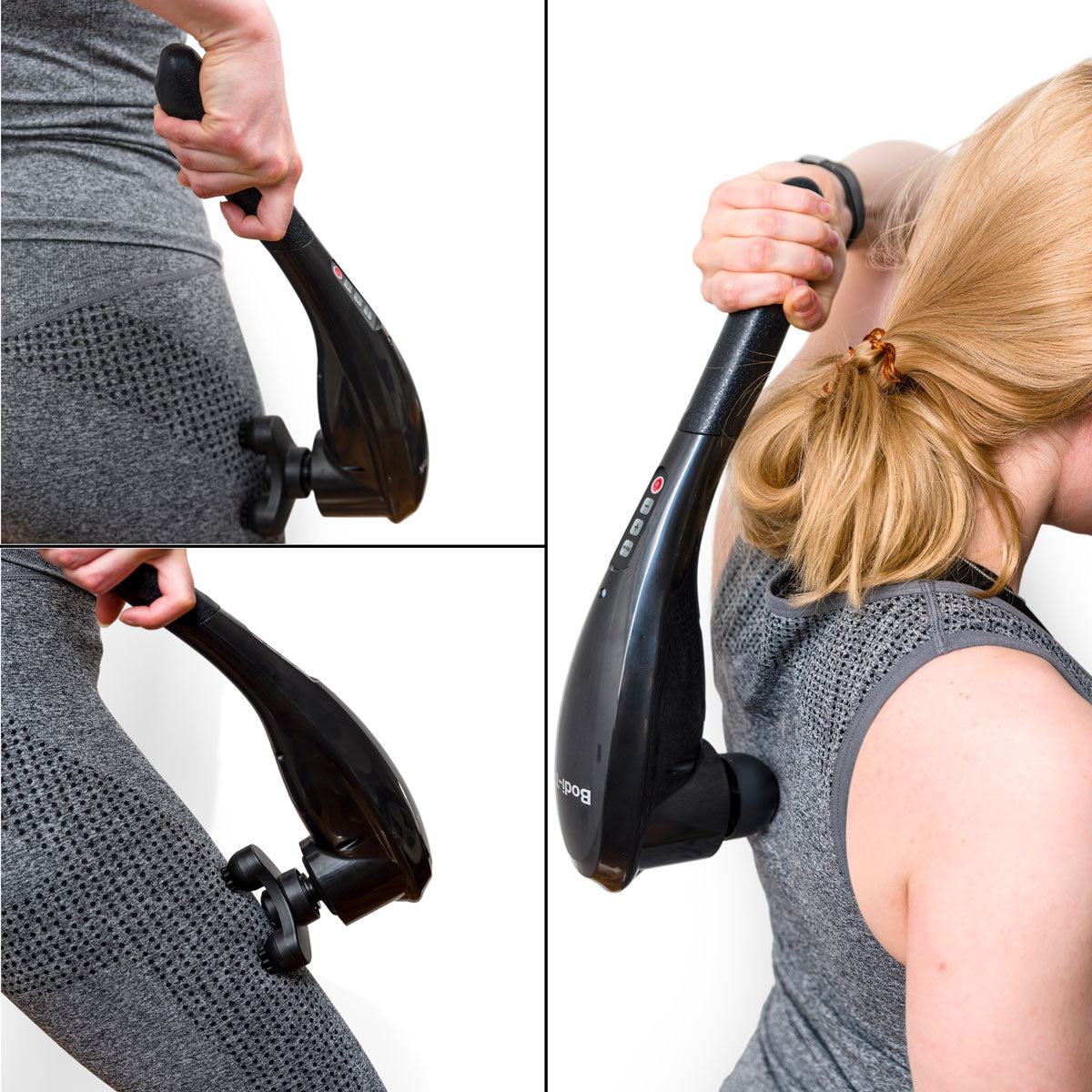 Wearing athletic gear, a person uses the Deep Tissue Cordless Percussion Massager on their thigh and upper back, showing how it helps relieve muscle tension and reduce stiffness in multiple areas.