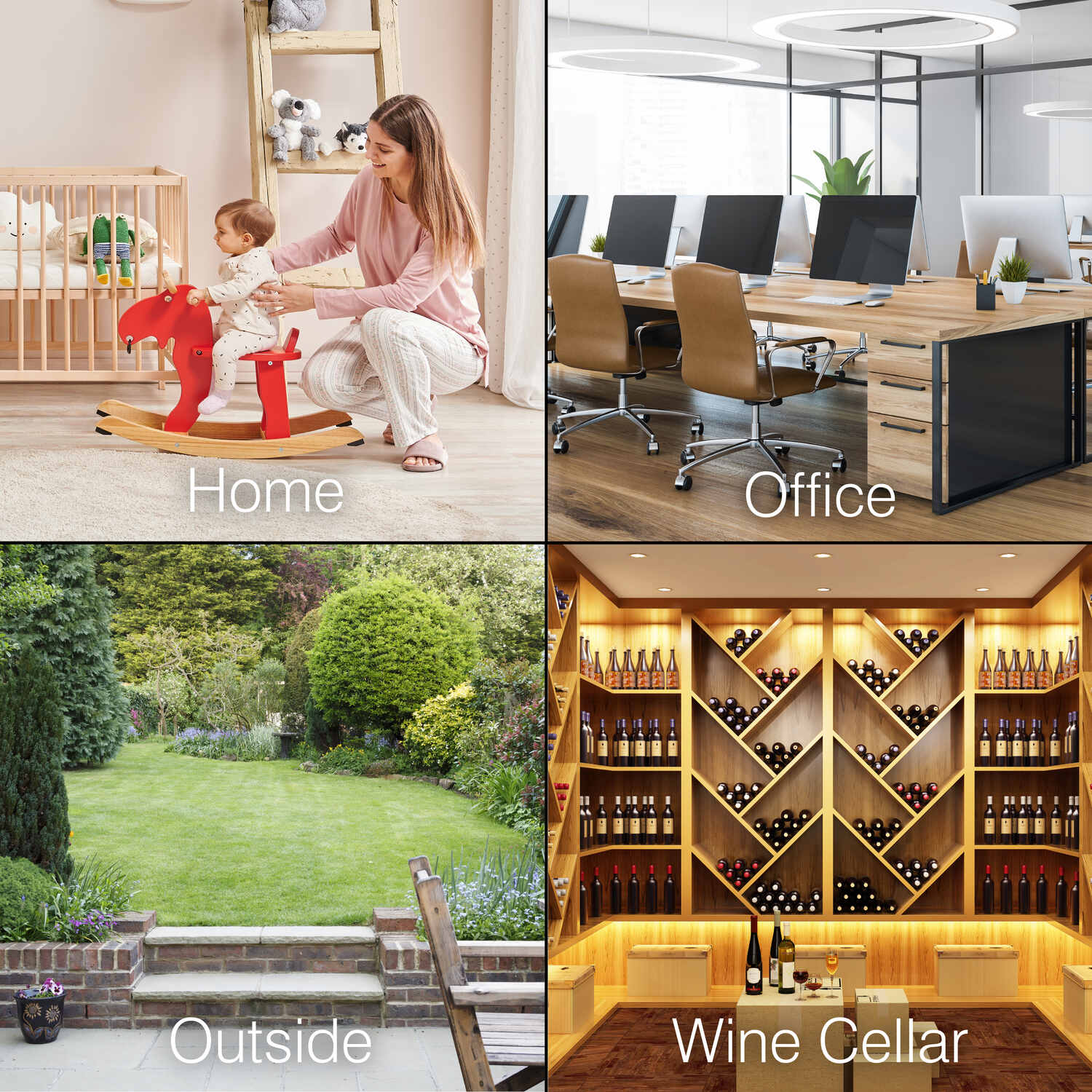 A collage of four labeled photos—a mother and baby at home, a modern office, a backyard garden, and a wine cellar—shows the versatility of the Digital Weather Station for tracking indoor and outdoor temperatures in any setting.