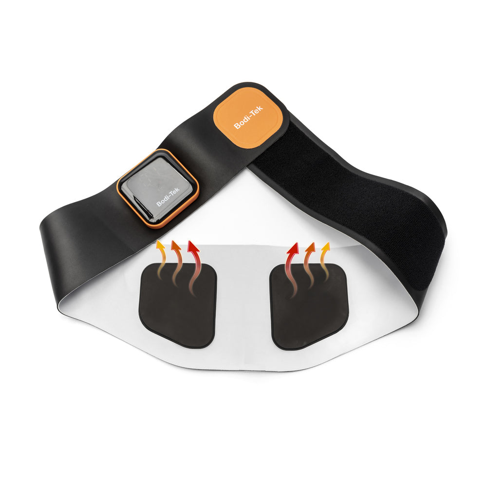 The Ab & Back Muscle Strengthener with heat is a black and white abdominal toning belt featuring two large black electrode pads, an adjustable strap, and heat indicators above the pads. An orange Bodi-Tek label decorates the device.