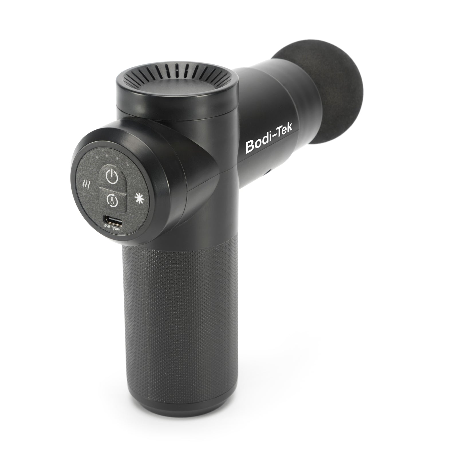 A black Hot & Cold Deep Tissue Massager Gun with a round head, control buttons, and textured grip handle, designed to boost muscle recovery, shown against a white background.