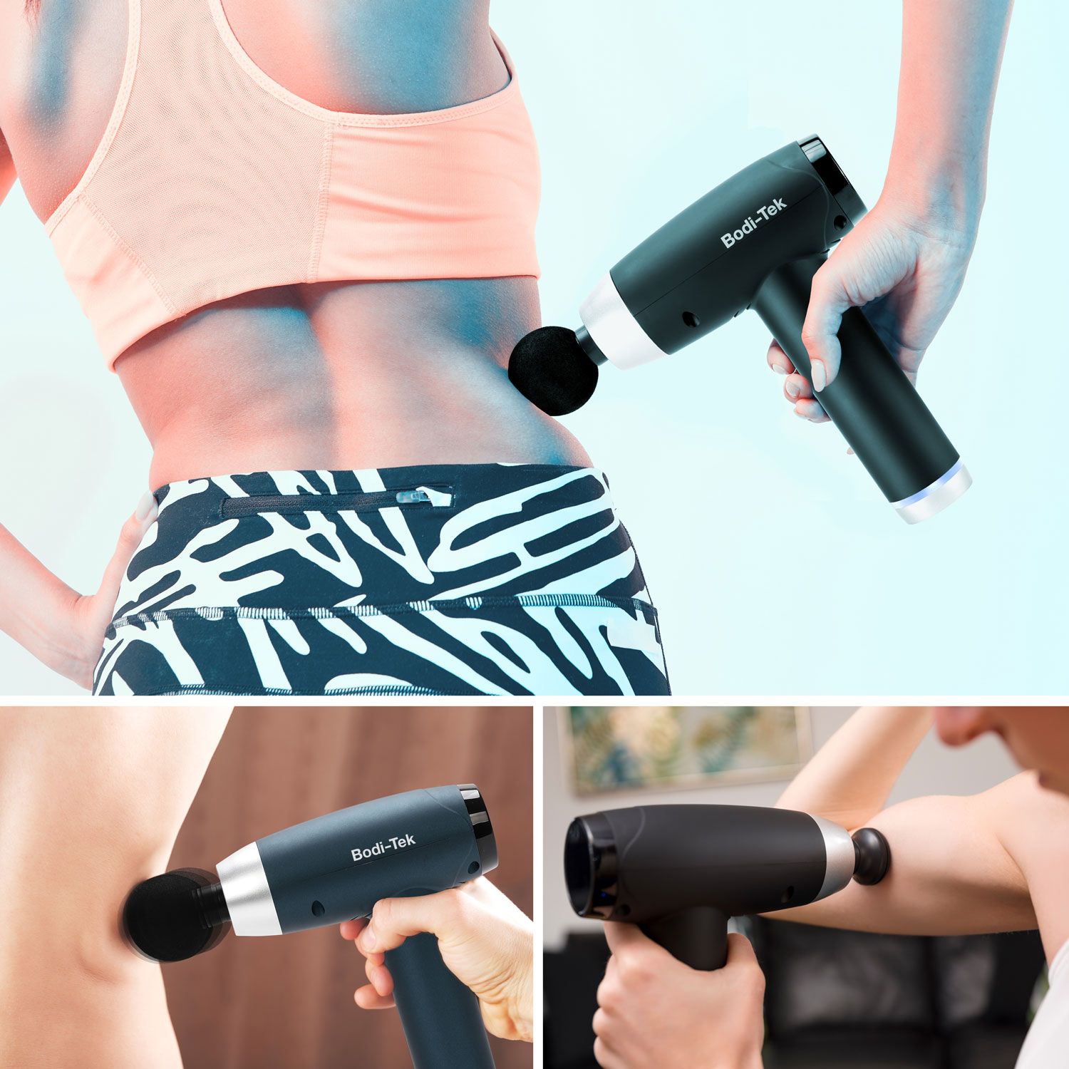 A person uses the Deep Tissue Sports Massage Gun, a black cordless device, on their lower back and thigh. Close-ups show it delivering deep tissue massage to a leg and an arm for effective muscle recovery.