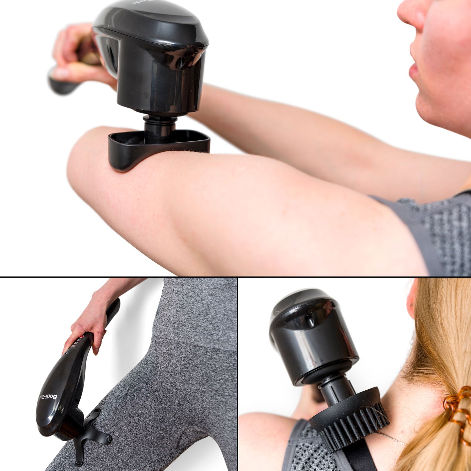 A woman in athletic wear uses the Deep Tissue Cordless Percussion Massager on her upper arm, thigh, and upper back in close-up shots, demonstrating targeted relief from muscle stiffness.