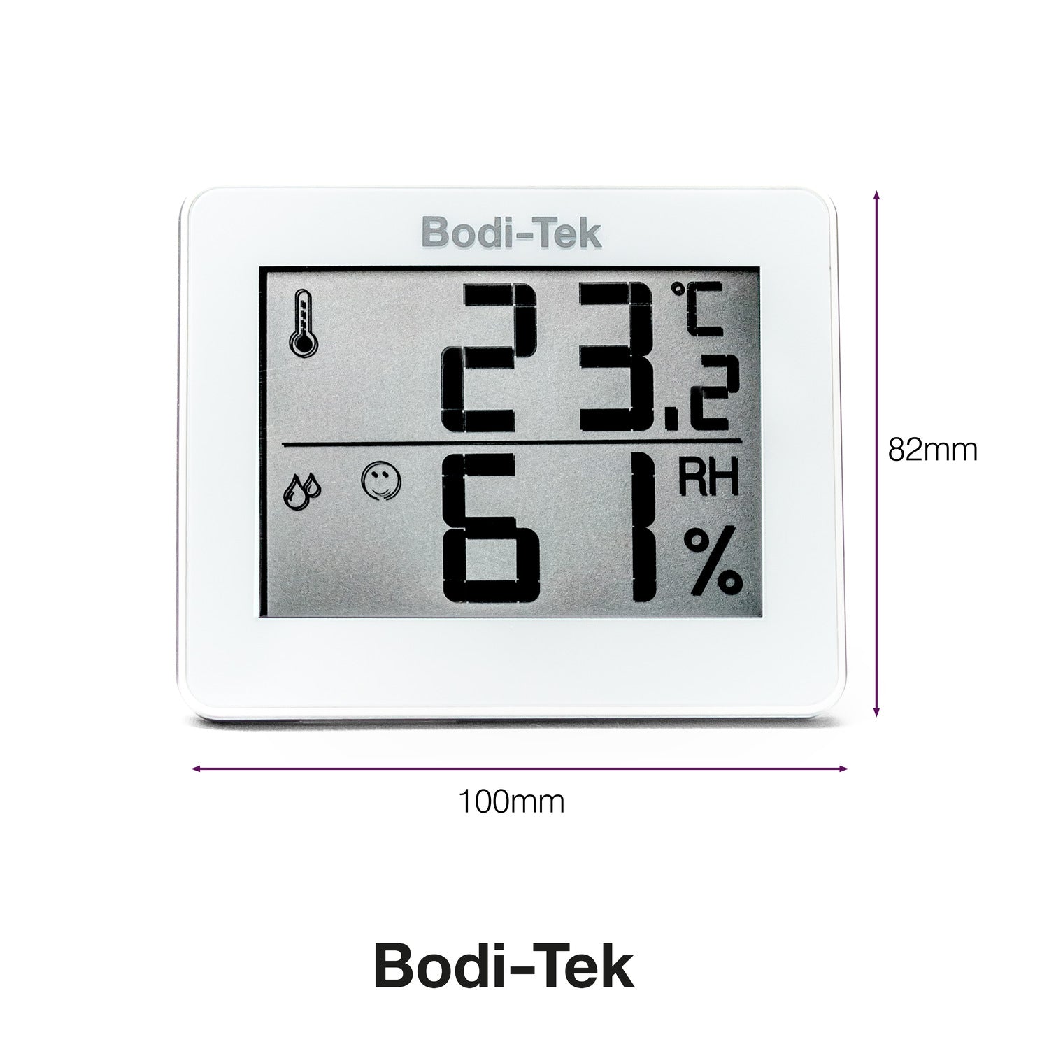A Digital Room Thermometer and Hygrometer displays 23.2°C and 61% relative humidity. This compact device measures 100mm wide by 82mm tall.