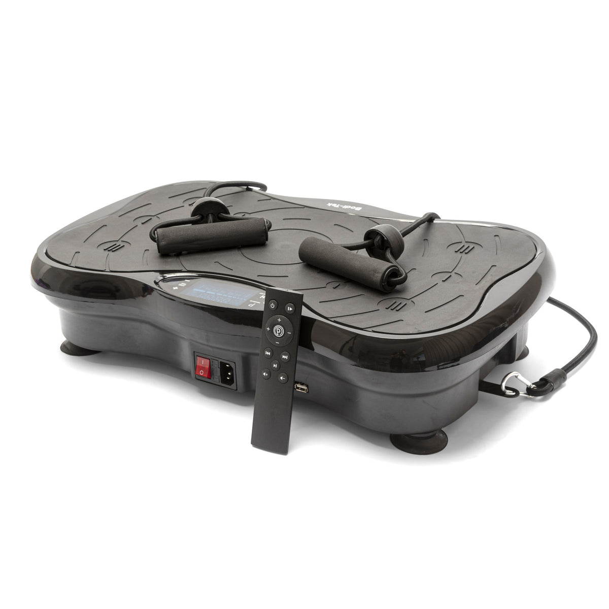 The Whole Body Vibration Training Exercise Plate is a black machine with resistance bands, digital display, control buttons, and a remote. It’s ideal for full body vibration workouts and muscle stimulation for an effective total workout.