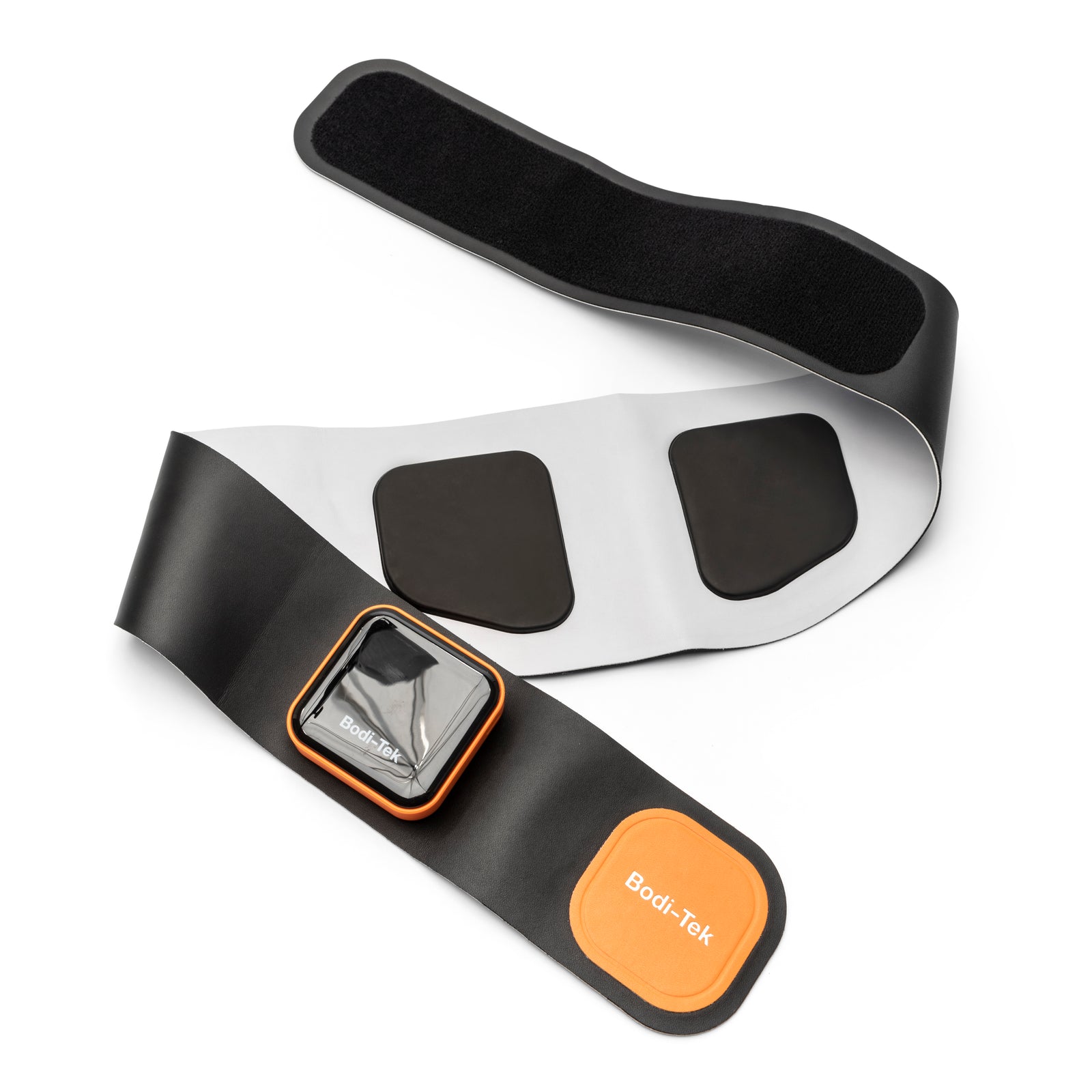 The Ab & Back Muscle Strengthener with heat is a black and white EMS toning belt by Bodi-Tek, featuring a digital control panel and two large electrode pads for effective abdominal muscle stimulation.