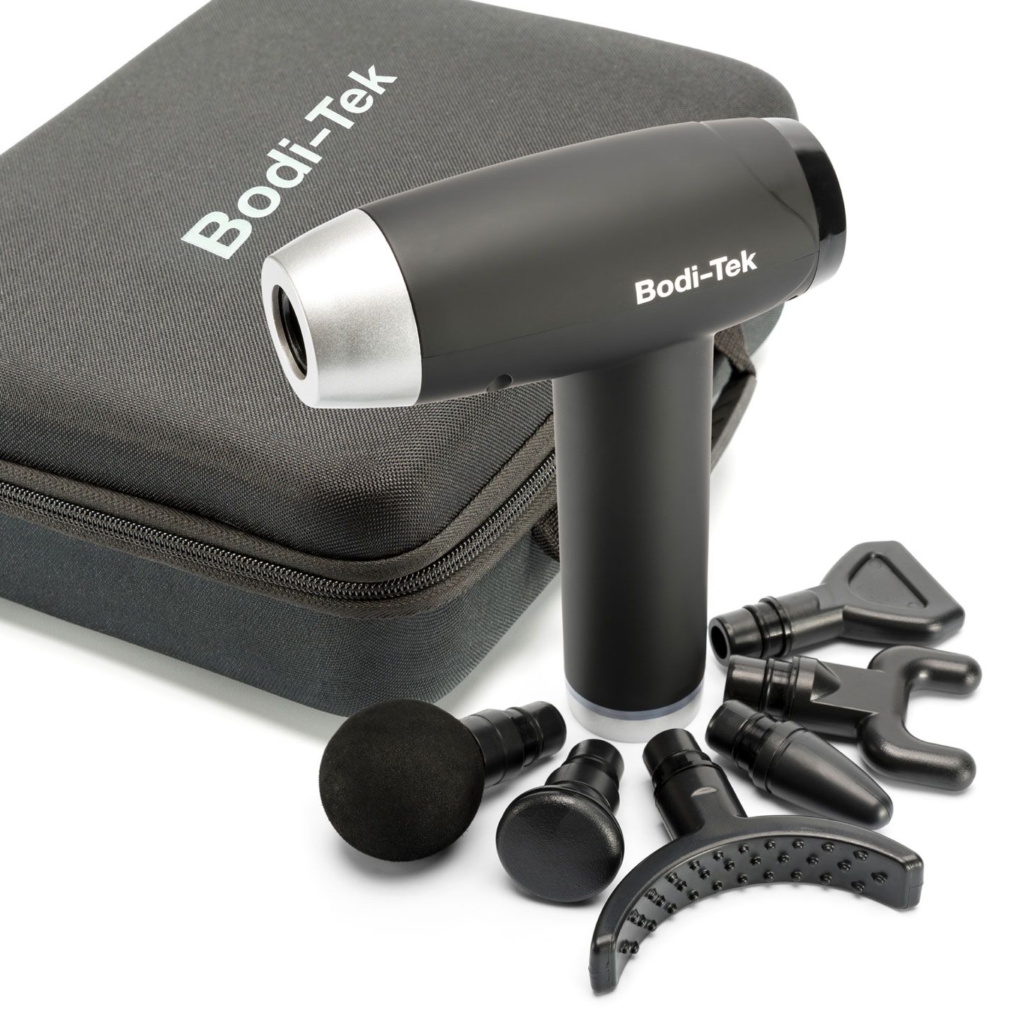 The Deep Tissue Sports Massage Gun is shown with a carrying case and six interchangeable heads—including round, flat, fork, and bullet shapes—ideal for deep tissue massage and muscle recovery—all set against a white background.