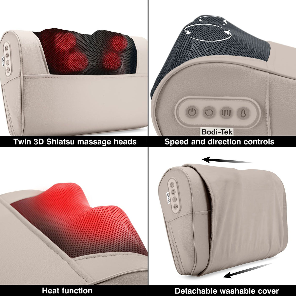 The Bodi-Tek Nordic Relief Shiatsu Massager is a beige cushion with glowing red 3D massage heads, side control buttons, and a removable washable cover. It offers deep tissue massage with heat, adjustable speed, and direction settings.
