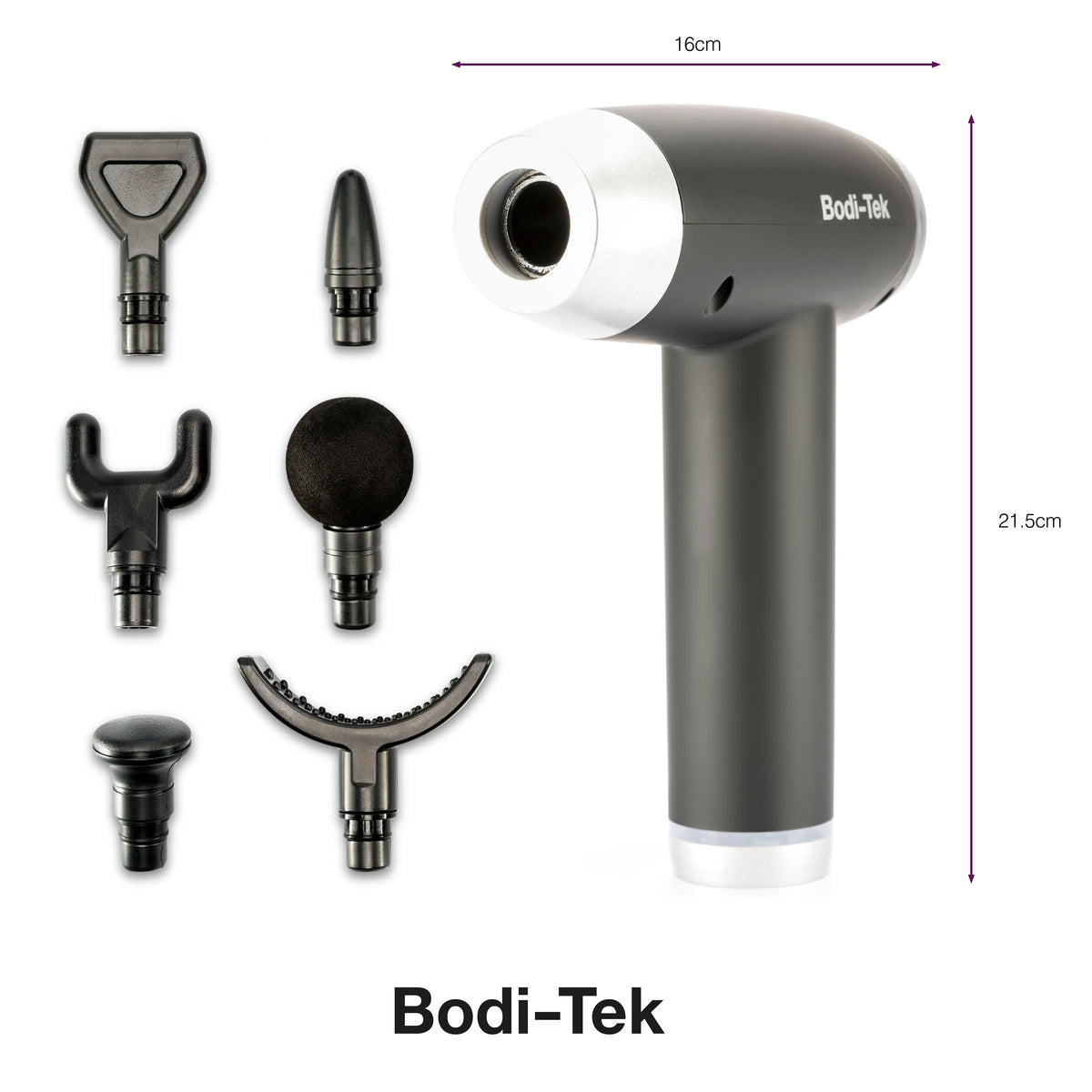 The Deep Tissue Sports Massage Gun, shown with six interchangeable head attachments, measures 16cm wide and 21.5cm tall—perfect for deep tissue massage and muscle recovery.