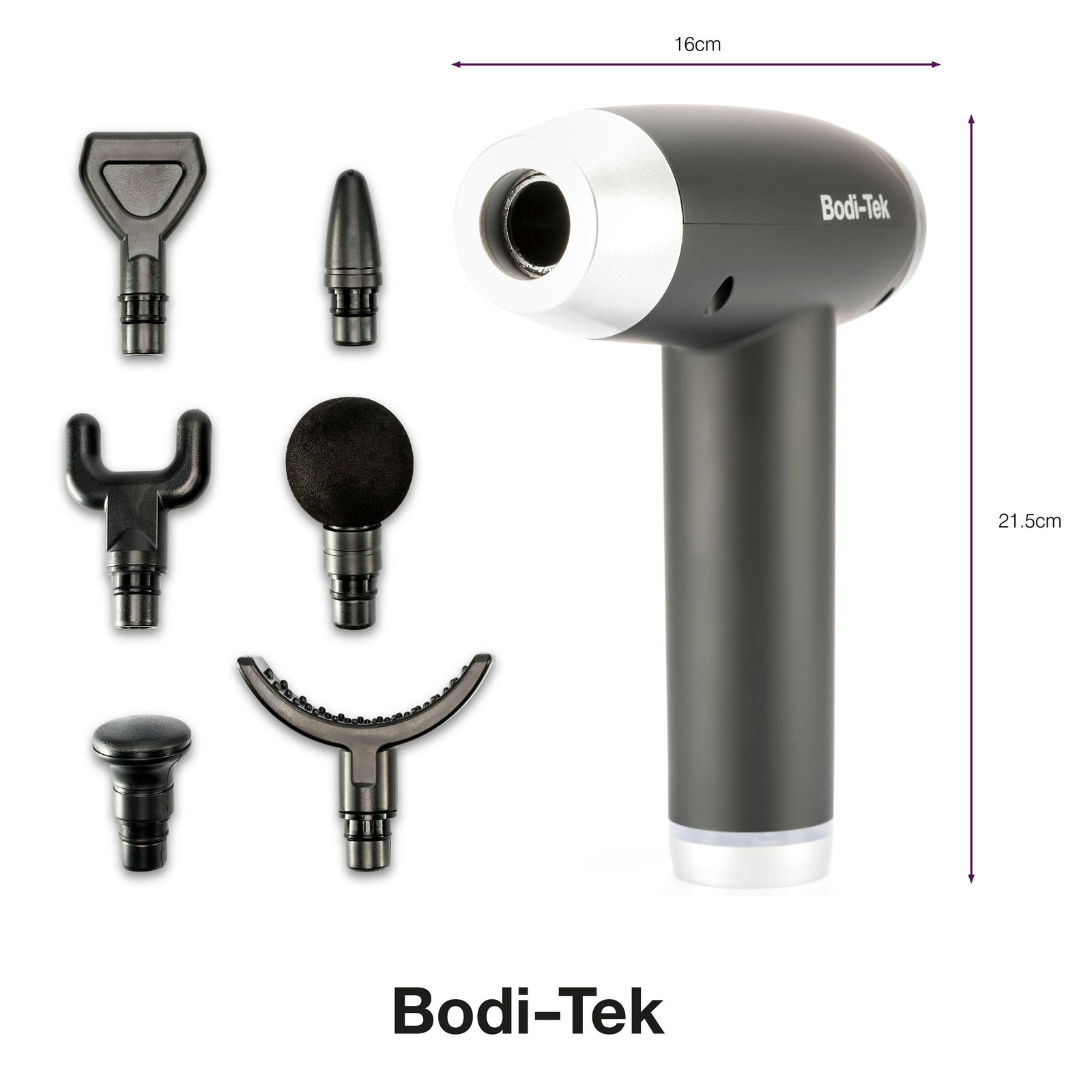 The Deep Tissue Sports Massage Gun, shown with six interchangeable head attachments, measures 16cm wide and 21.5cm tall—perfect for deep tissue massage and muscle recovery.