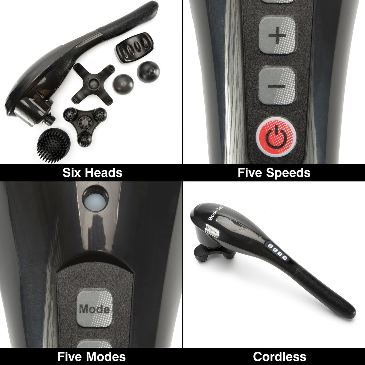 The Deep Tissue Cordless Percussion Massager, featuring six interchangeable heads, five speed modes, a power button, and a wireless design, is shown in four labeled panels to deliver effective muscle stiffness relief.