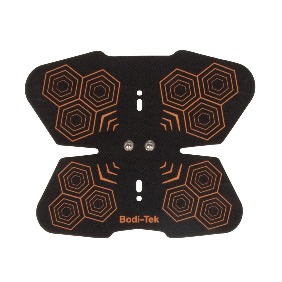 Black, butterfly-shaped Ab Core Trainer Pro Ab Pads (pack of two), feature orange hexagonal patterns and Bodi-Tek branding at the bottom center. Two metal contact points on each gel pad ensure effective muscle stimulation.