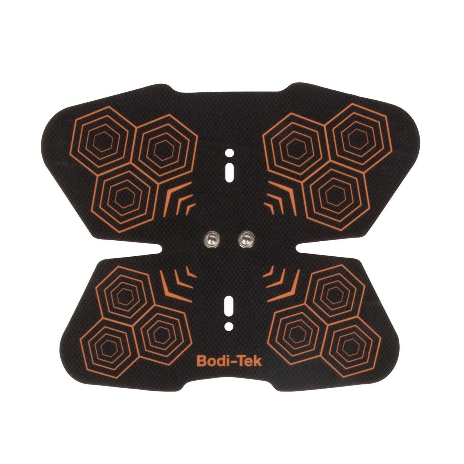 Black, butterfly-shaped Ab Core Trainer Pro Ab Pads (pack of two), feature orange hexagonal patterns and Bodi-Tek branding at the bottom center. Two metal contact points on each gel pad ensure effective muscle stimulation.