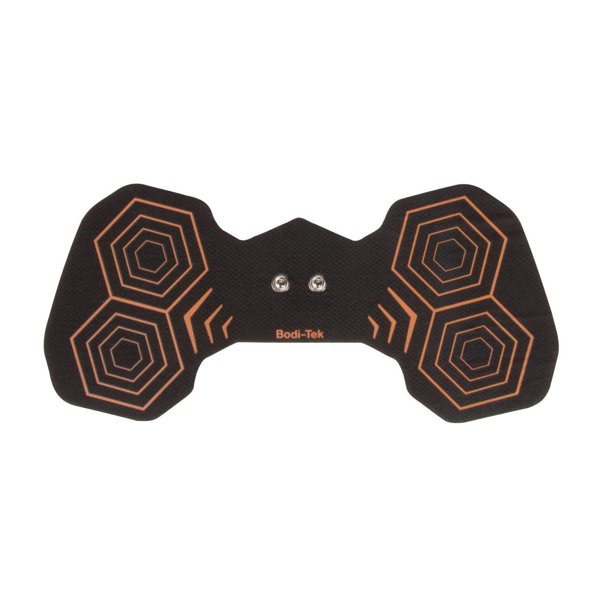 A set of two Pecs &amp; Bottom Pads for use with the Ab Core Trainer Pro, designed in black with orange patterns and central metal connectors, ensures optimal performance when paired with replacement gel pads.