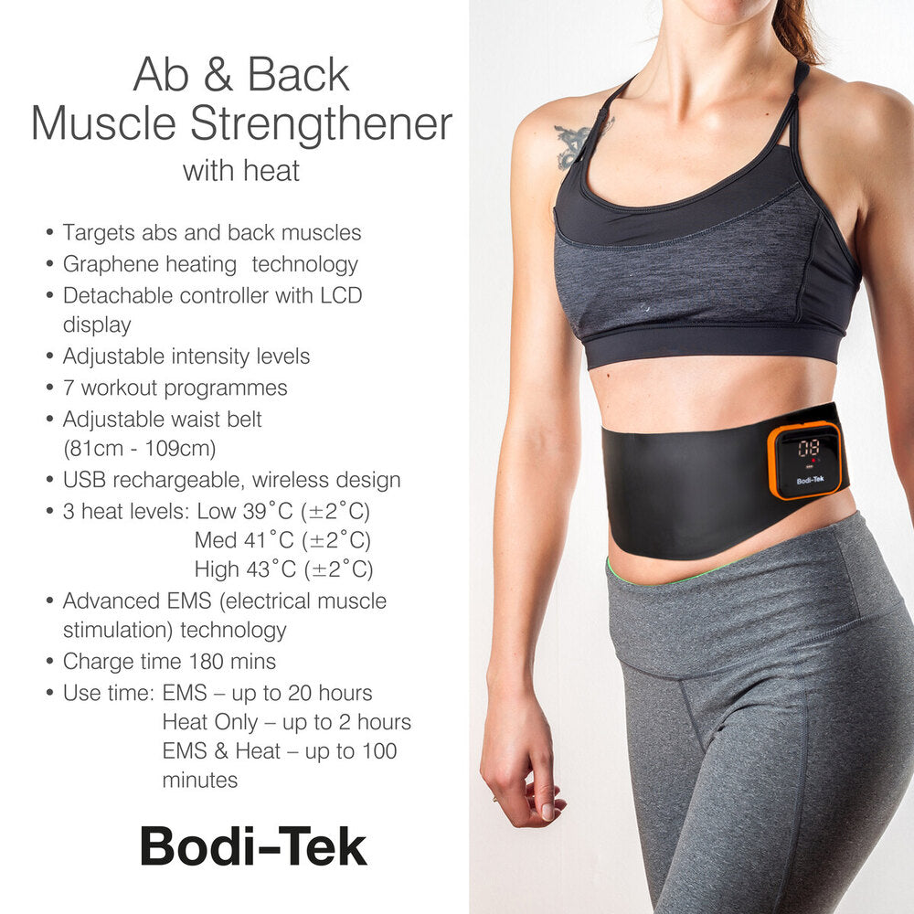 A woman wears the Ab & Back Muscle Strengthener with heat, featuring a digital display, adjustable size, heat and EMS muscle stimulator technology, and USB rechargeability—all shown against a plain background.