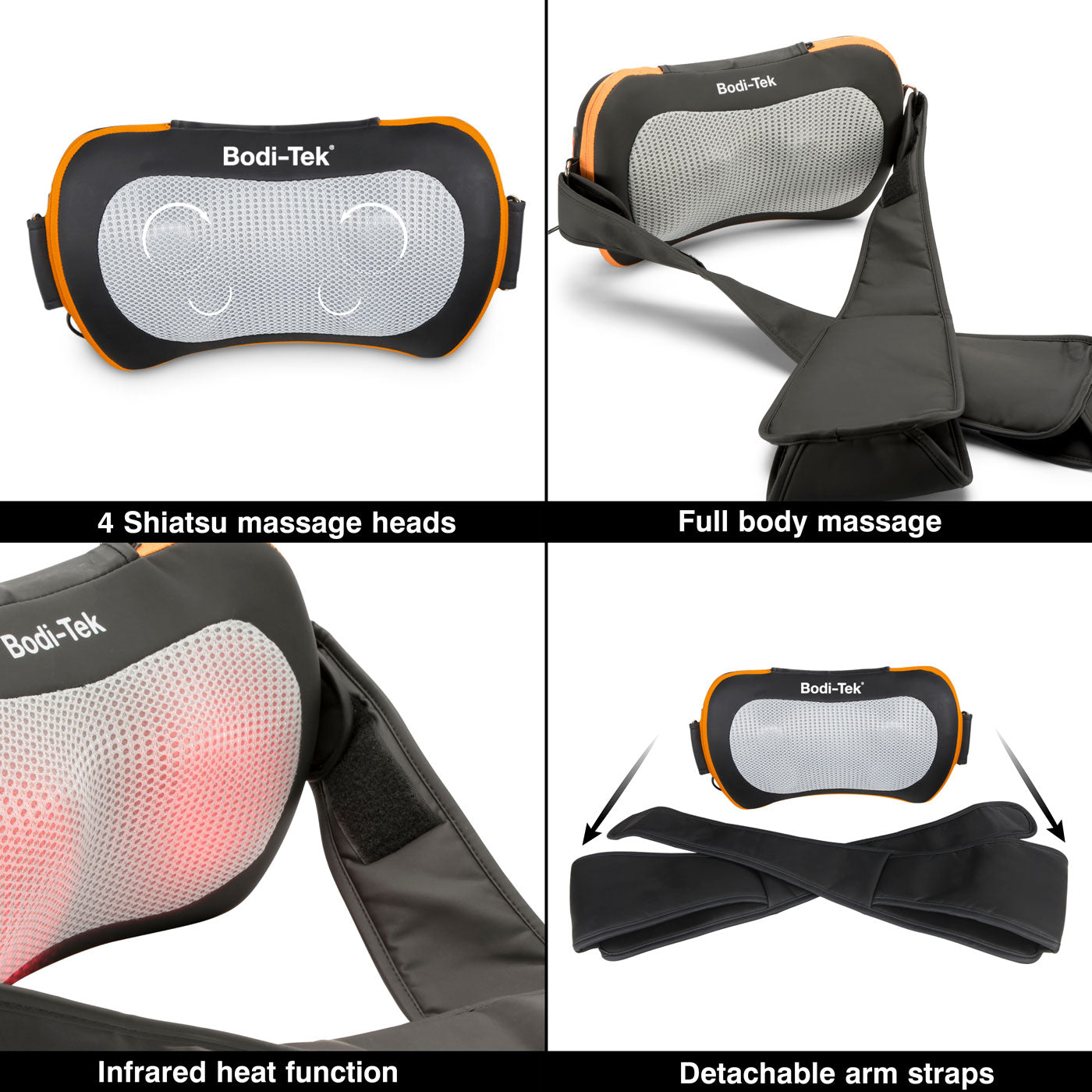 Experience the Neck, Shoulder & Body Shiatsu Massager with 4 deep-kneading massage heads, soothing infrared heat, mesh cover, and versatile detachable arm straps for relaxing full-body relief.