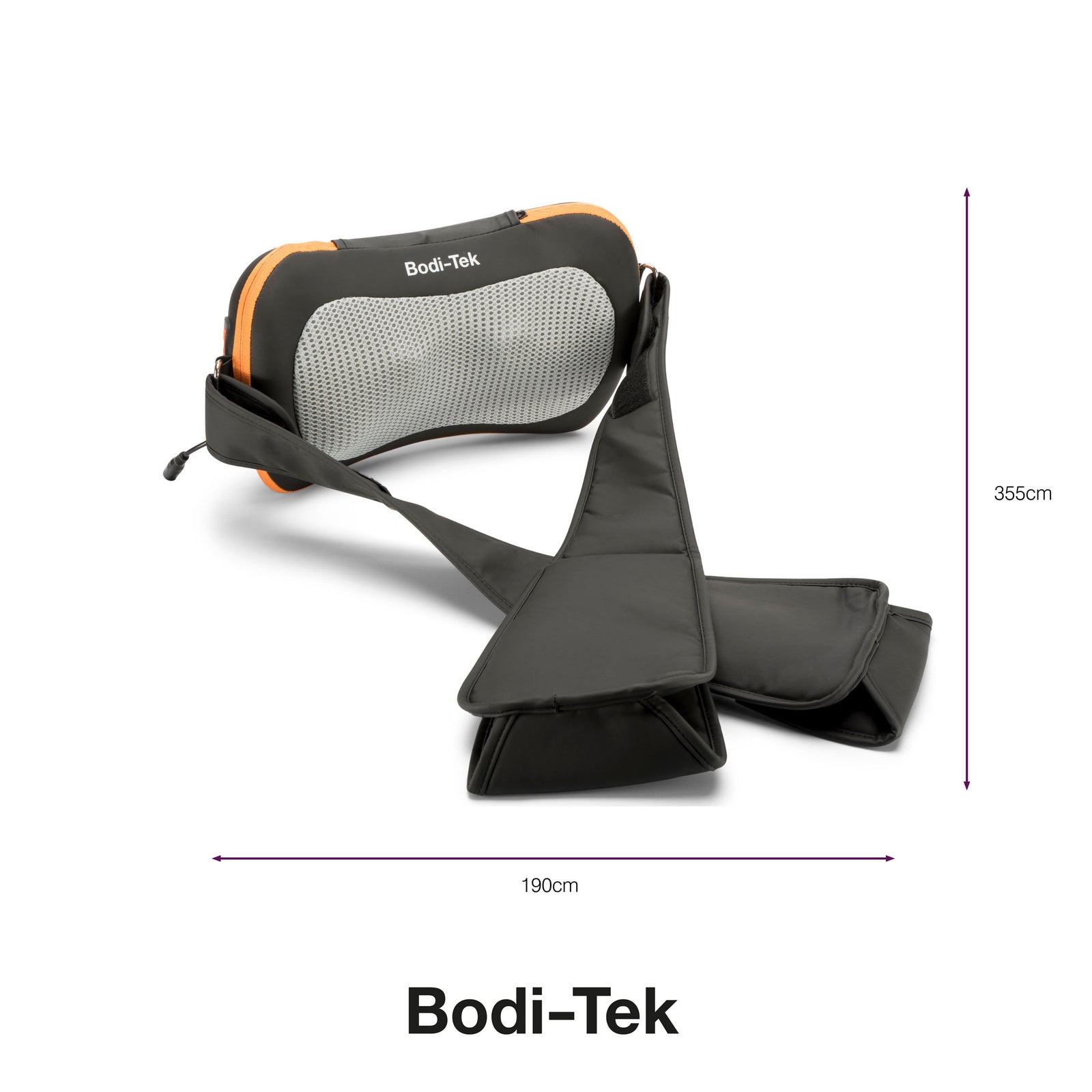 The Neck, Shoulder & Body Shiatsu Massager is displayed on a white background with dimensions marked: 355 cm high and 190 cm wide. It features attached arm straps and is grey with orange and black accents.