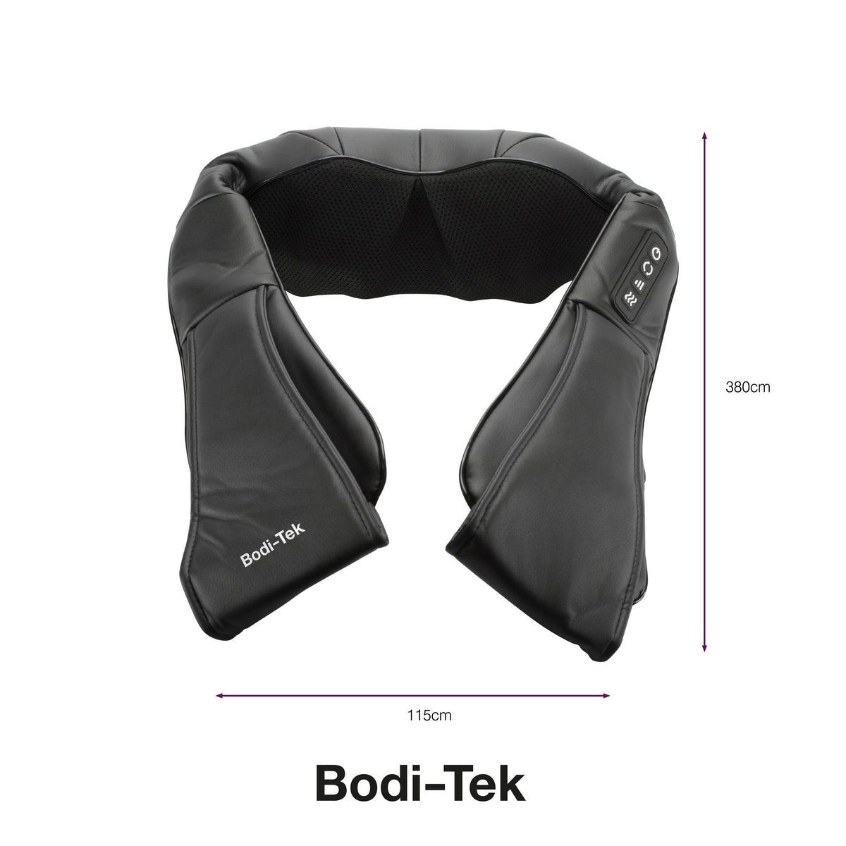 The black Neck & Shoulder Shiatsu Massager features deep kneading action and control buttons on one side, measures 115 cm wide by 38 cm long, and is shown on a white background.