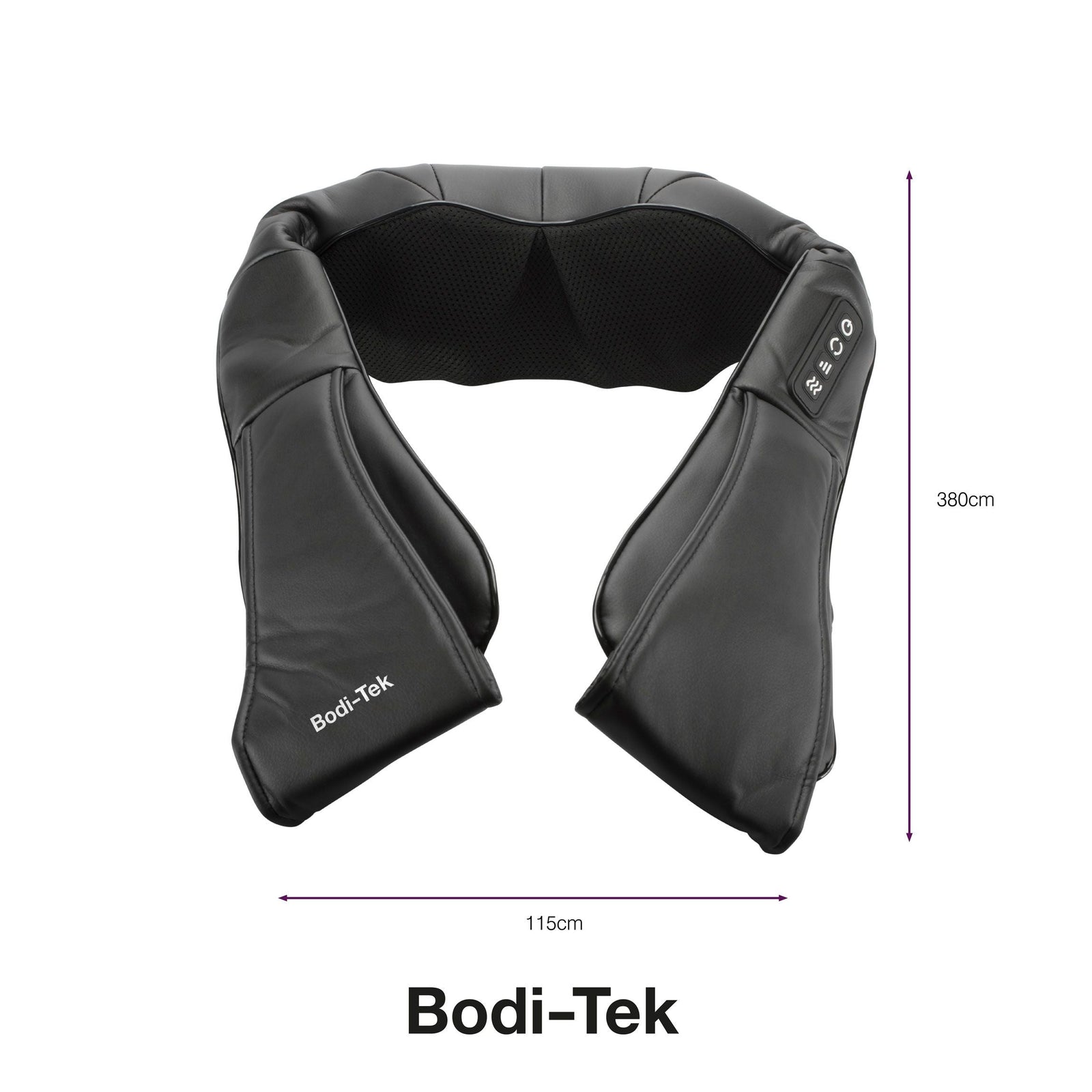 The black Neck & Shoulder Shiatsu Massager features deep kneading action and control buttons on one side, measures 115 cm wide by 38 cm long, and is shown on a white background.