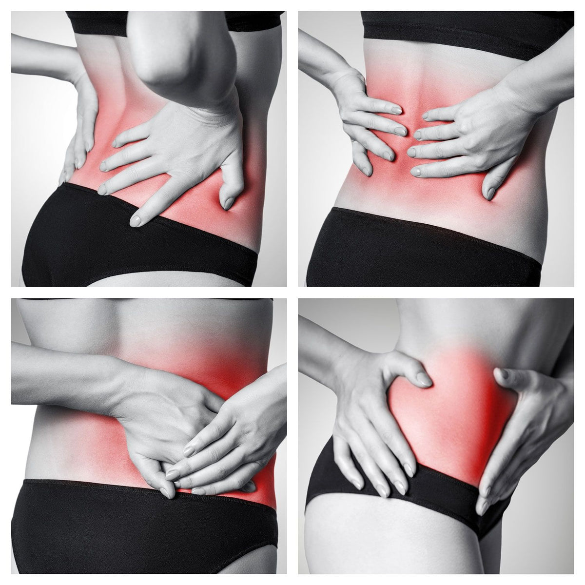 A collage of four images shows a woman holding her lower back and side, red shading highlighting pain—ideal for showing the muscle recovery and relief provided by the Deep Tissue Sports Massage Gun.