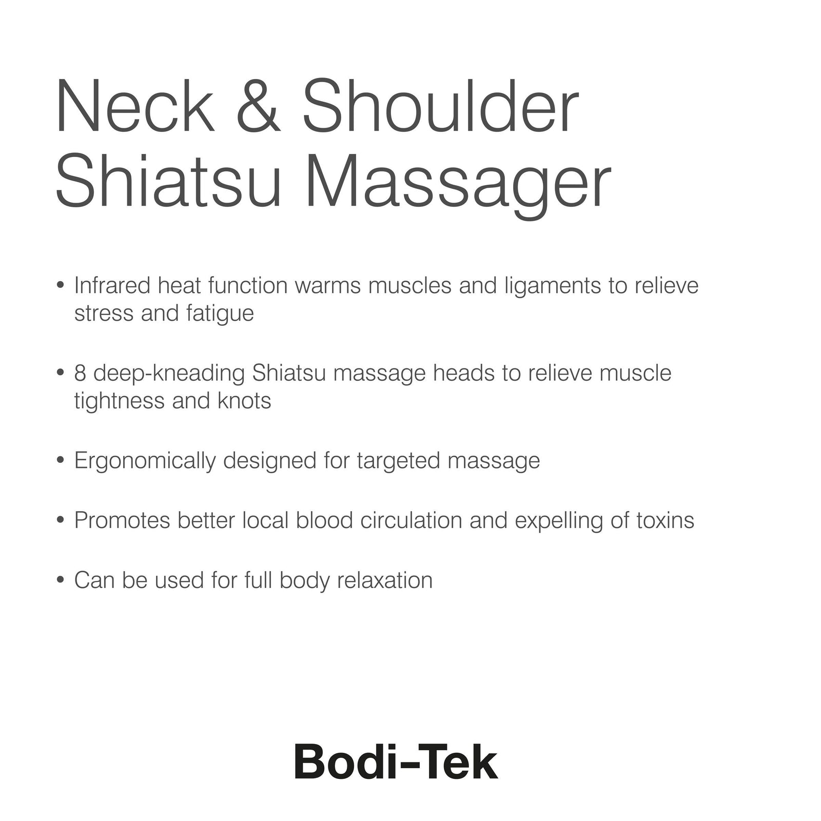 Promotional image for the Neck & Shoulder Shiatsu Massager features 8 deep-kneading heads, infrared heat, ergonomic design, and promotes relaxation, improved circulation, and toxin removal for full body comfort.