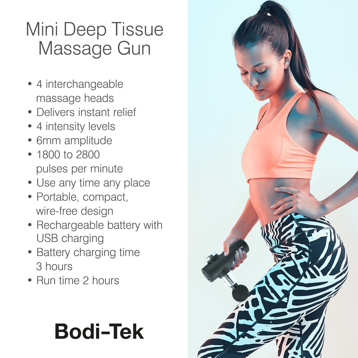 A woman in athletic wear uses the Bodi-Tek Mini Deep Tissue Massage Gun, featuring interchangeable heads, USB charging, 4 intensity levels, and a portable design.