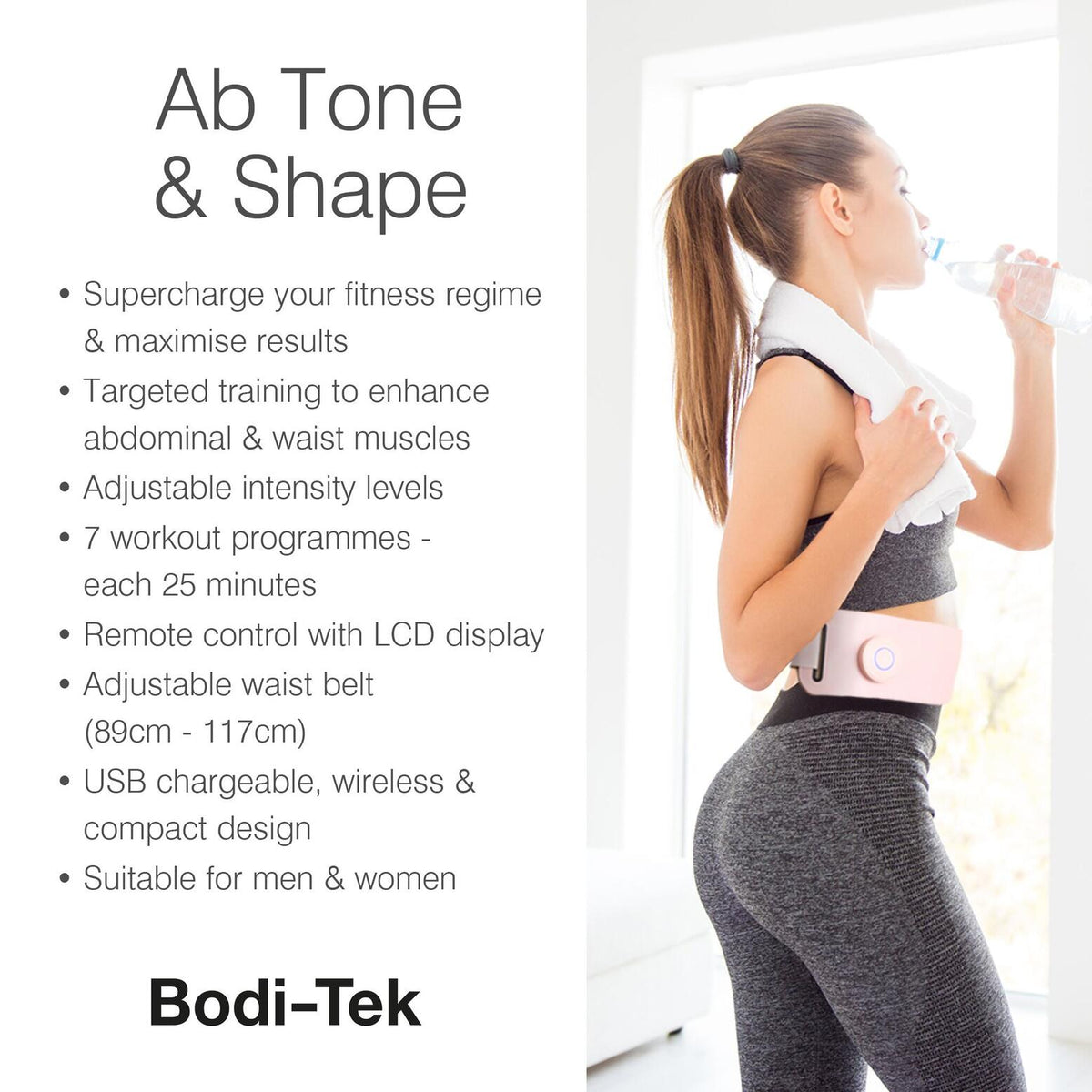 A woman in workout attire drinks water and wears the Ab, Tone & Shape belt. Text highlights its adjustable levels, remote control, muscle stimulation, and suitability for both men and women.