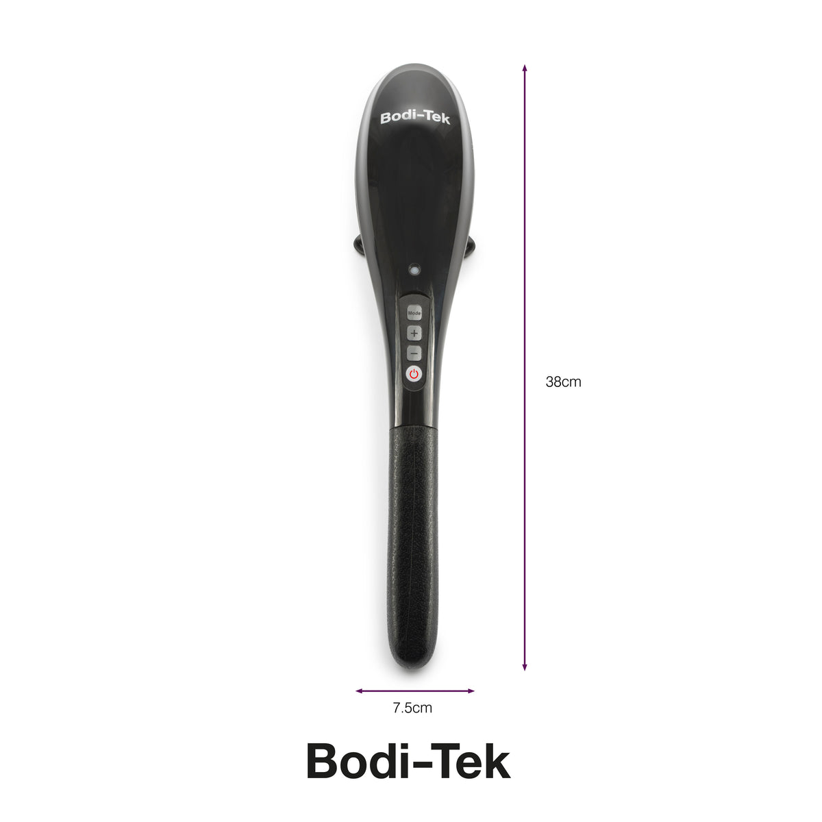 The Deep Tissue Cordless Percussion Massager in black, featuring control buttons and measuring 38 cm x 7.5 cm, is displayed on a white background with labeled dimensions—perfect for relieving muscle stiffness.