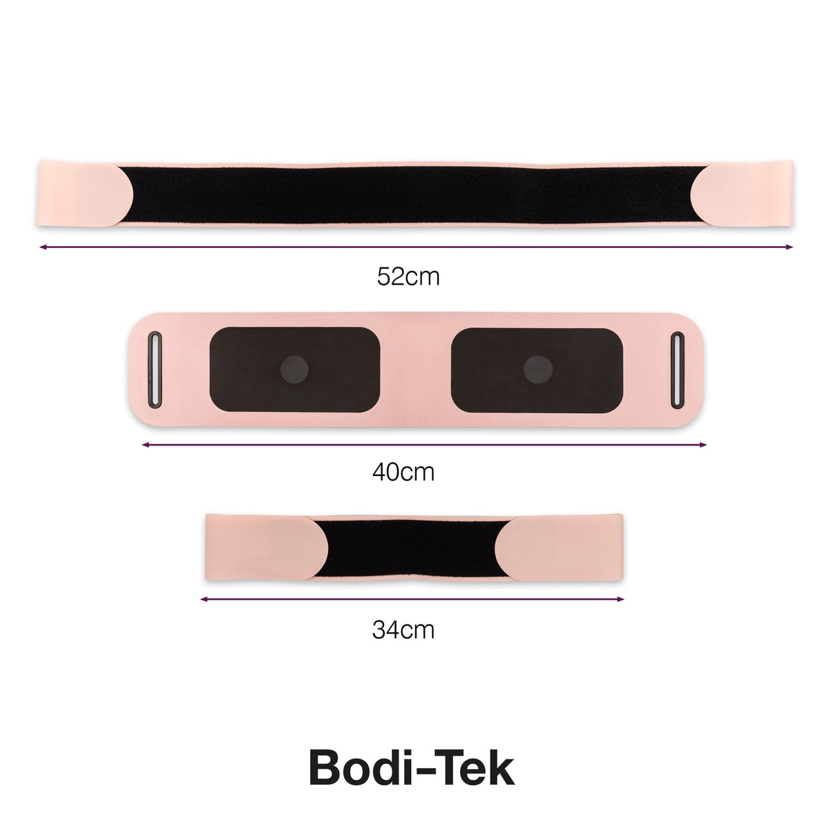 Three pink and black Ab, Tone & Shape fitness bands (52 cm, 40 cm, 34 cm) are displayed horizontally with measurement lines below. Ideal for muscle stimulation and ab toning. The Bodi-Tek logo appears at the bottom.