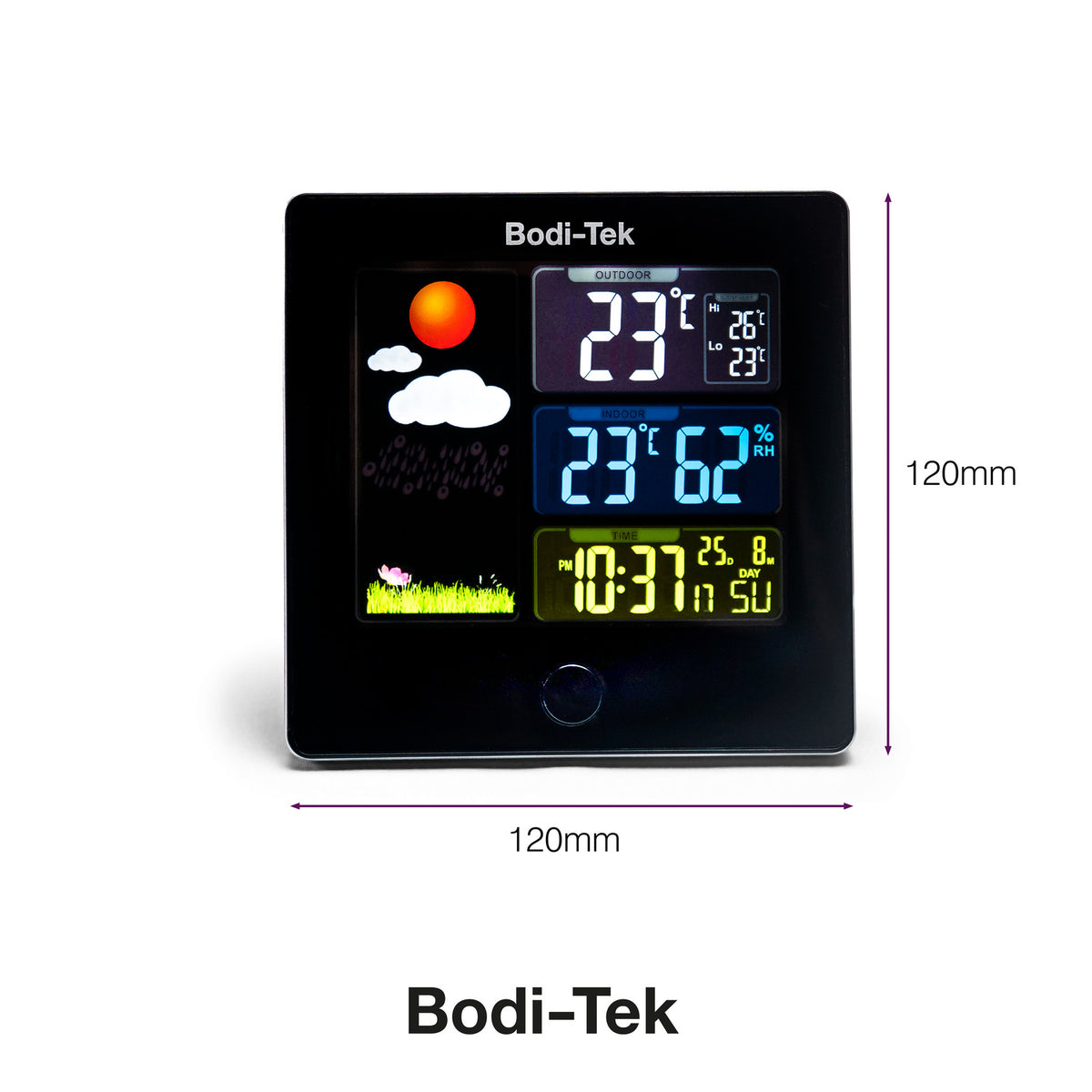 The Digital Weather Station (120mm x 120mm, square) displays indoor/outdoor temperature, humidity, time, date, weather icons, and features a landscape graphic.