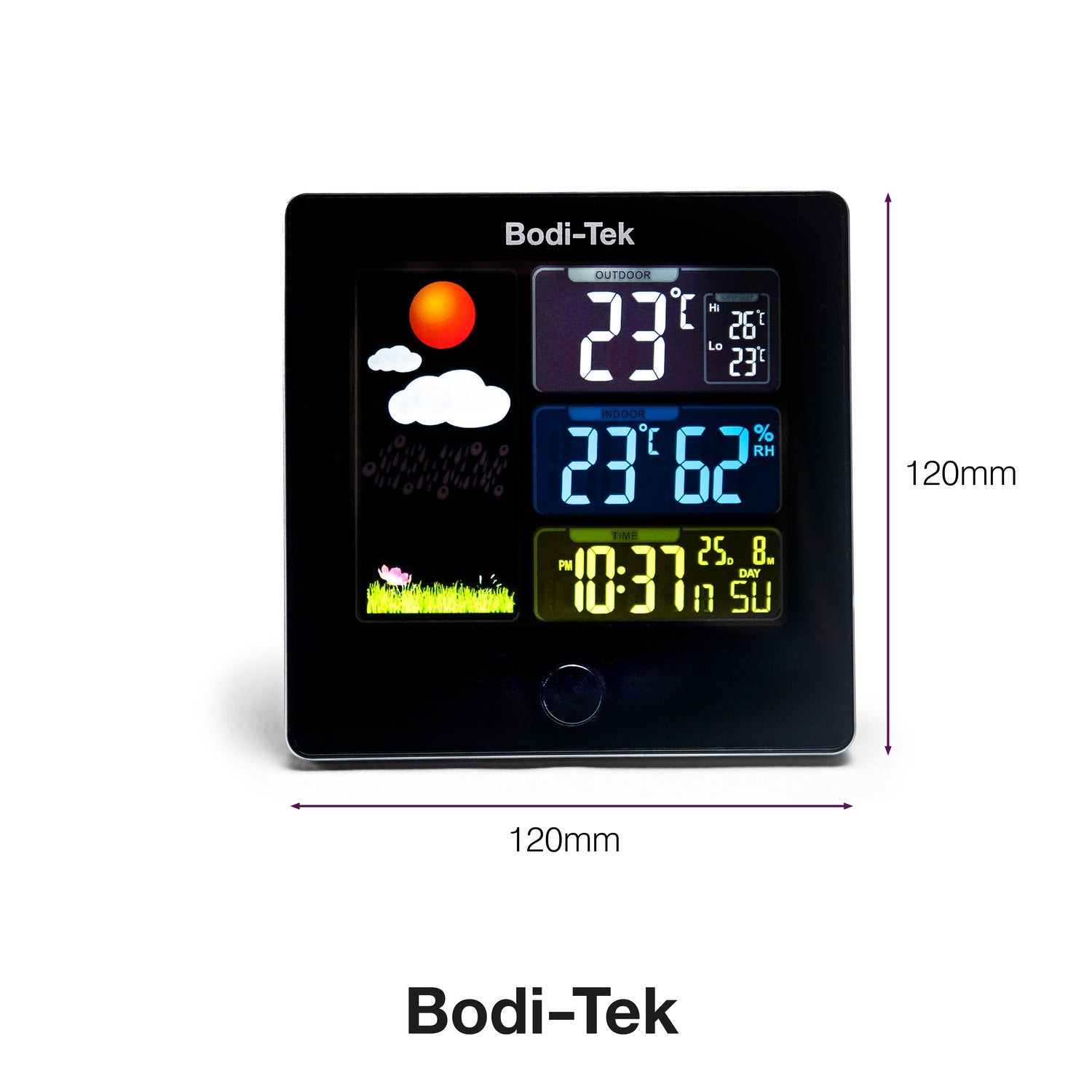 The Digital Weather Station (120mm x 120mm, square) displays indoor/outdoor temperature, humidity, time, date, weather icons, and features a landscape graphic.