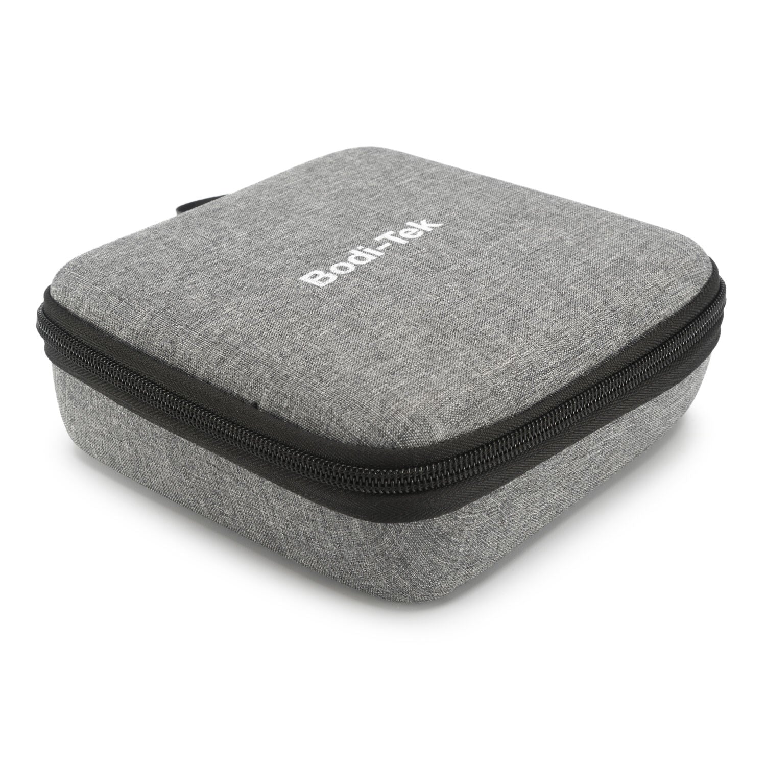 A square, grey fabric zippered case with Bodi-Tek printed in white on top, designed for portability and perfect for storing your Mini Deep Tissue Massage Gun. It features rounded edges and a black zipper around the sides.