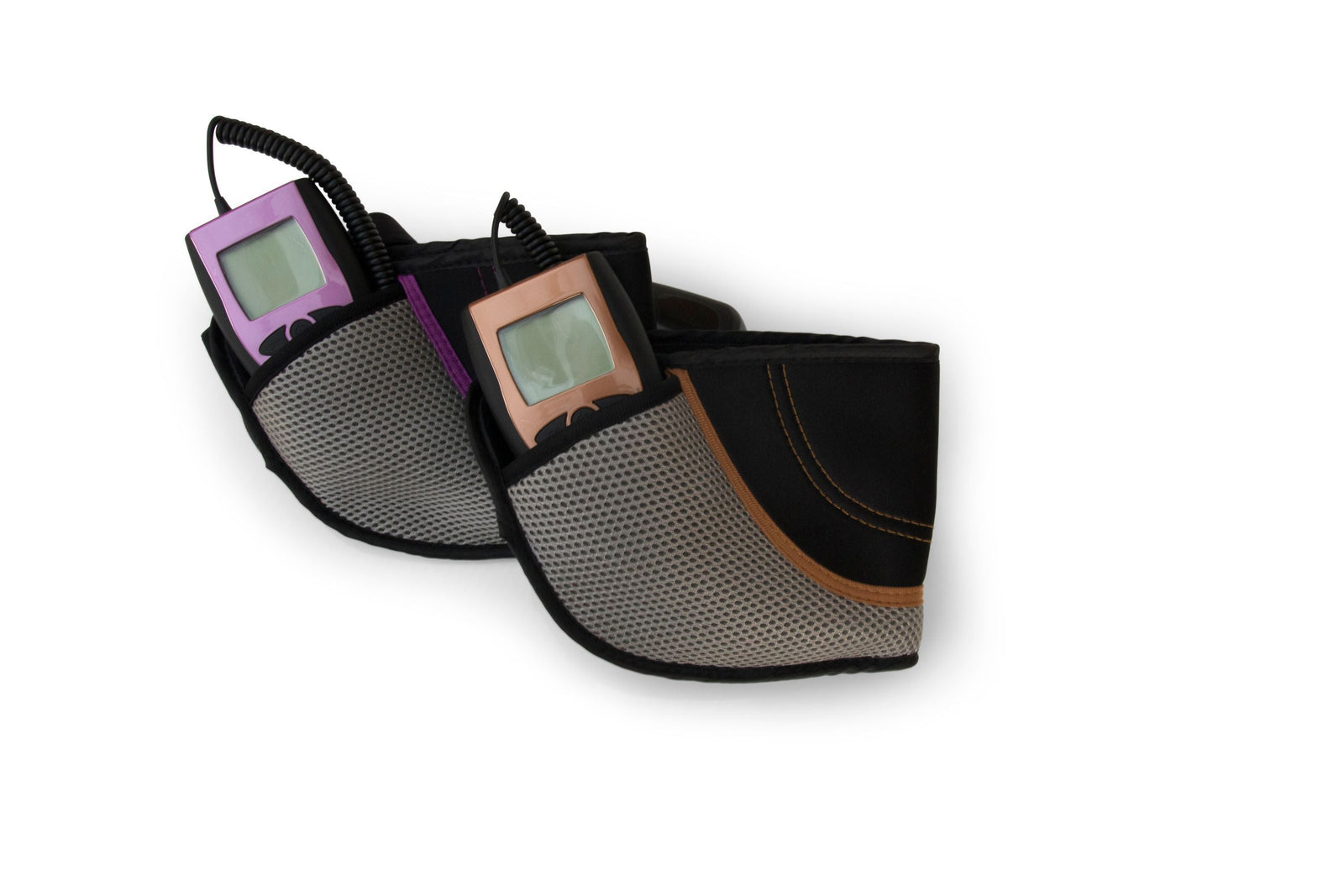 Two mesh and fabric armband holders, each holding a portable media player (one pink, one purple), are displayed with the Ab Toning, Exercising & Firming Belt—perfect accessories for workouts or ab toning belt routines.
