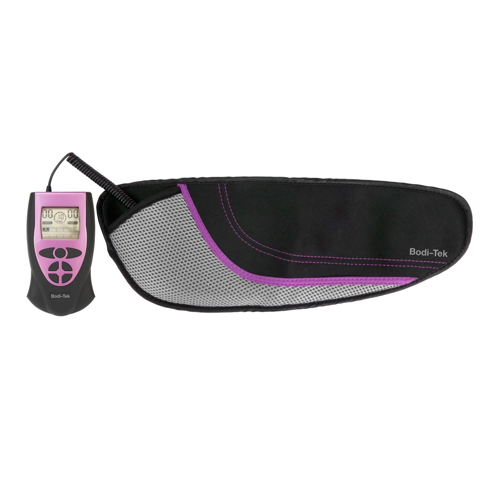 The Ab Toning, Exercising & Firming Belt, shown in black and gray with purple accents, uses EMS technology to target abdominal muscles and comes with a handheld control unit featuring a display screen and buttons.