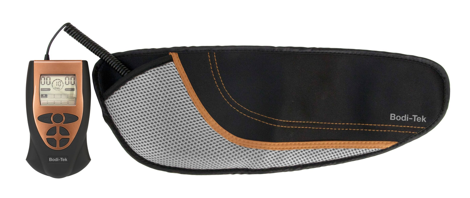 The Ab Toning, Exercising & Firming Belt with EMS technology and a digital control unit is displayed on a white background. It features a black and gray fabric pad with orange stitching.