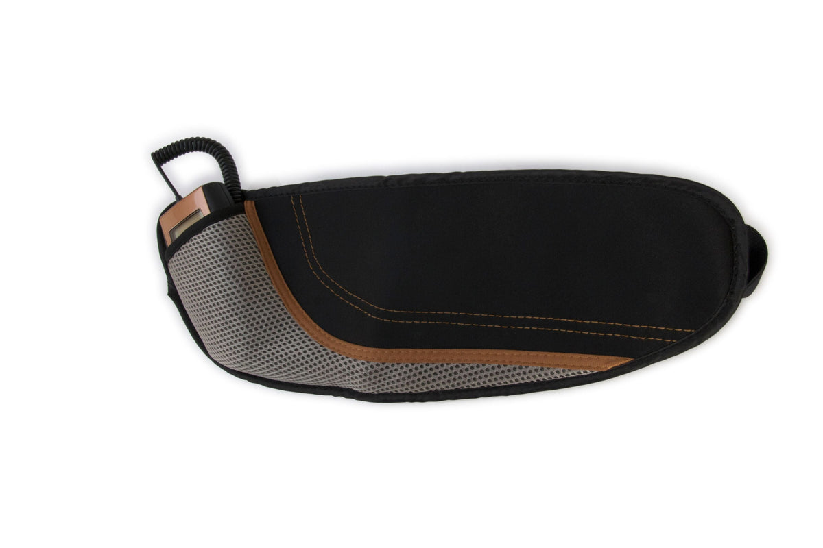 Black and gray zippered pouch with mesh front pocket and brown accent stitching, featuring a small handle and the Ab Toning, Exercising & Firming Belt partially visible in the front pocket against a white background.